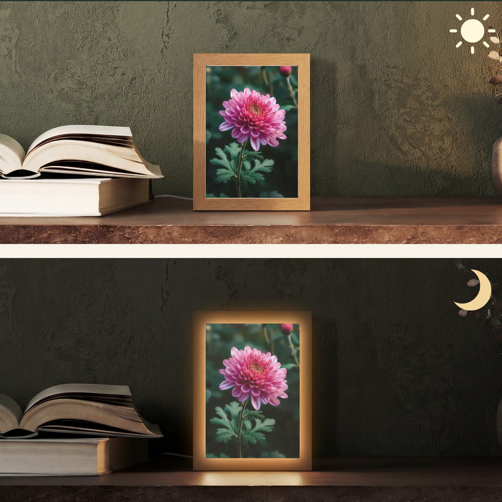 OnlyWow Tischleuchte Lightbox Blatt - Chrysantheme - Rosa - Schatten, Dimmbar, Farbwechsel, LED, Warmweiß, Kaltweiß, Neutralweiß Einstellbar, Tischlampe, Schreibtischlampe, Desk, Dimmbar, mit Kabel, LED