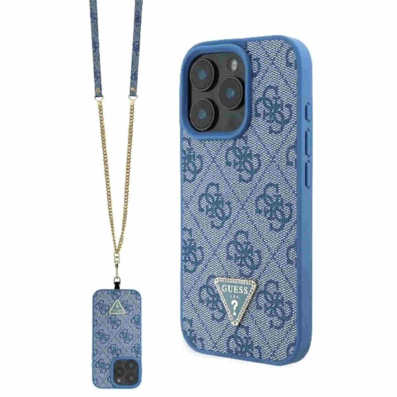 Smartphone-Hülle GUESS Apple iPhone 16 Pro Metal Logo Strass Crossbody Hülle Blau