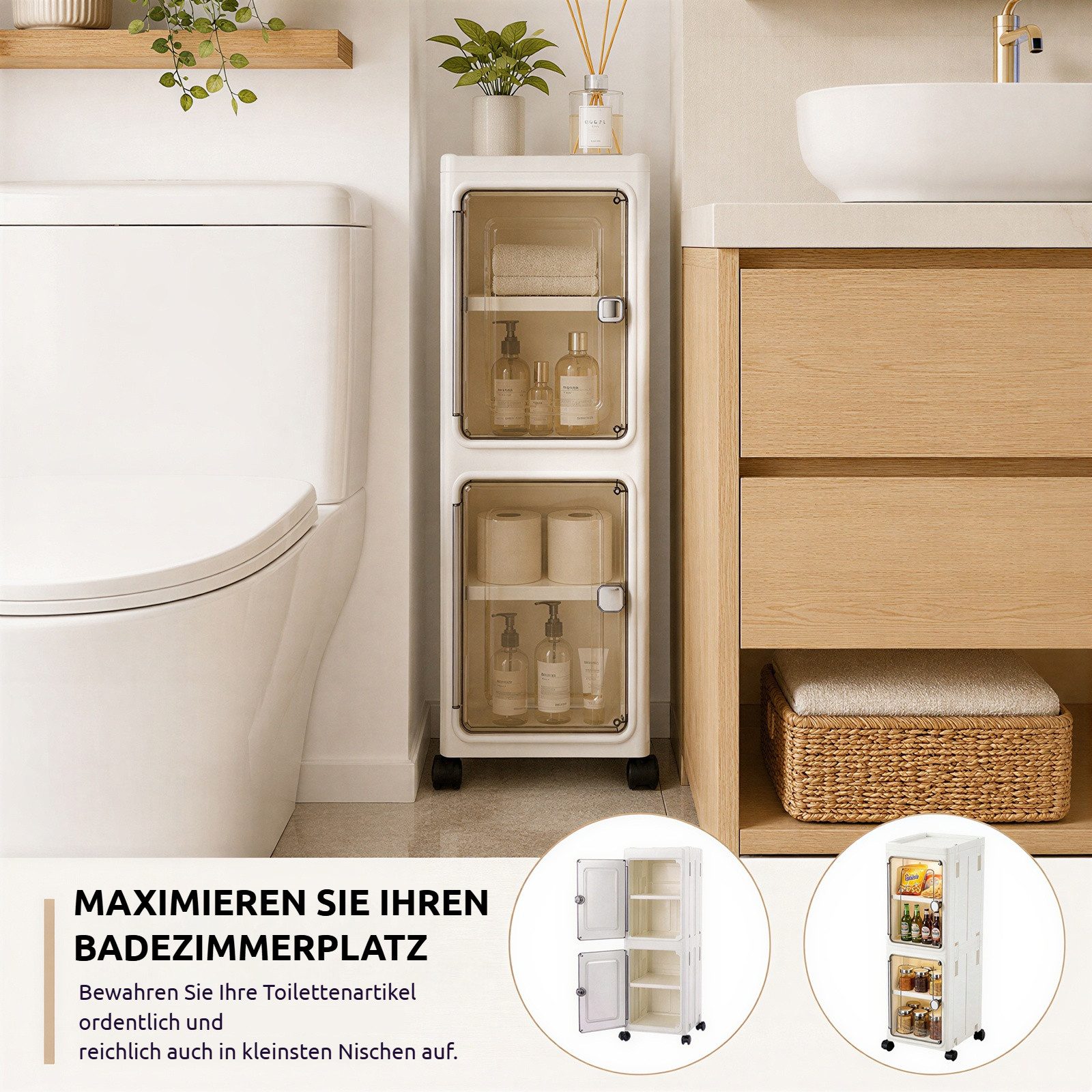 BlingBin Aufbewahrungsbox Stapelbox mit Tür und Rollen, 4‑2 Ebenen schmaler Badezimmerschrank (2er Set, 2 St., 22B x 25T x 67H cm), 22 x 25 x 67 cm, Organizer m – Bild 4 von 5