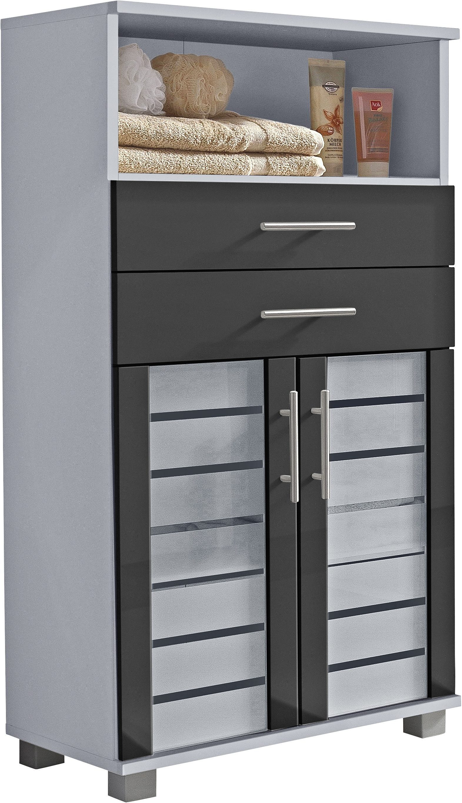 Schildmeyer Midischrank Nikosia Breite 60 cm, mit Glastüren, 2 Schubladen, MDF-Fronten, Metallgriffe silberfarben/anthrazit | silberfarben glanz