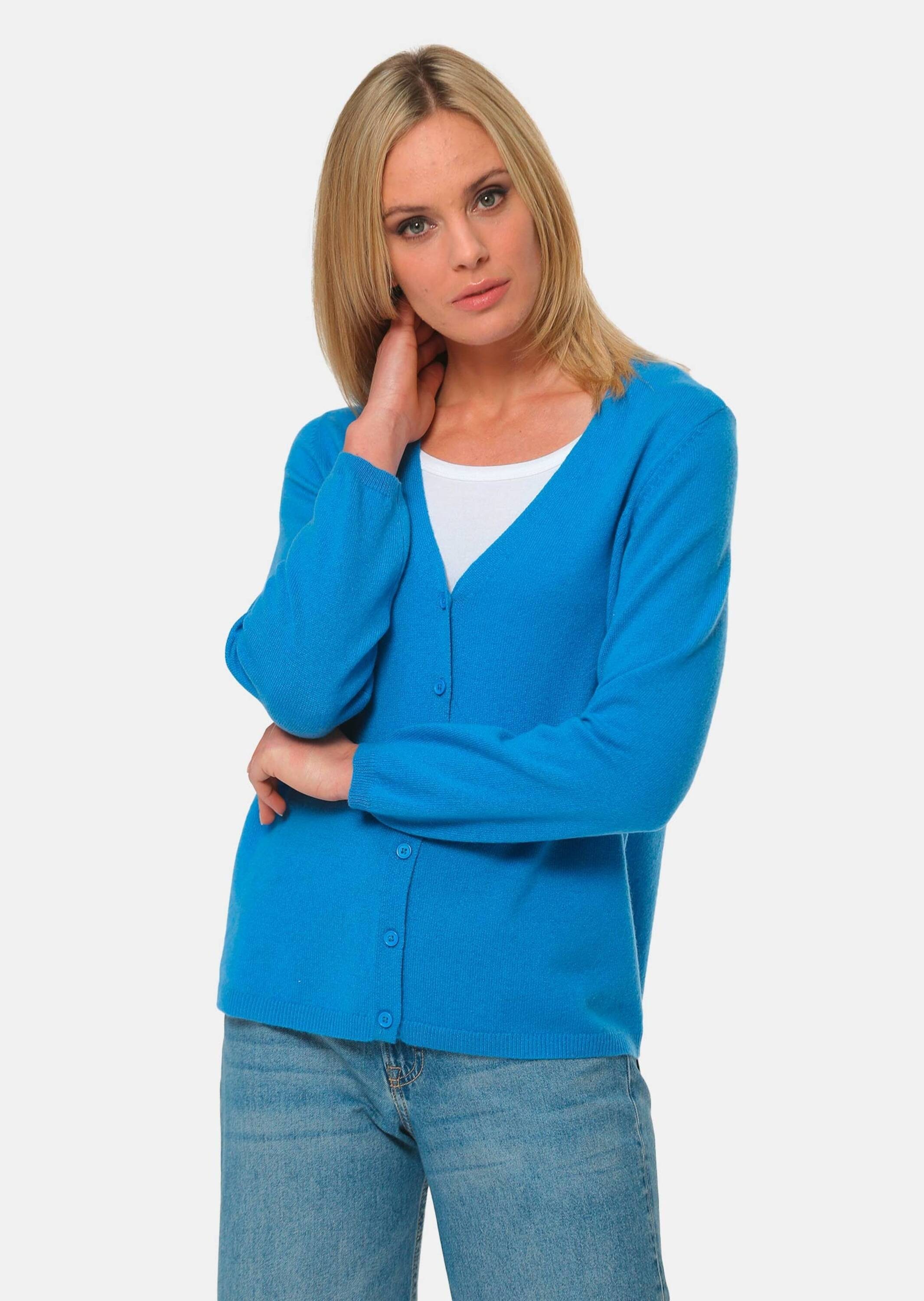 GOLDNER Strickjacke Weiche Kaschmirstrickjacke mit V-Ausschnitt atlantikblau