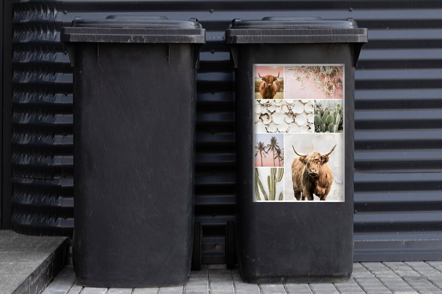 Container, Wandsticker - Mülleimer-aufkleber, St), Abfalbehälter Sticker, Pflanzen Highlander Schottische MuchoWow Mülltonne, Collage - (1