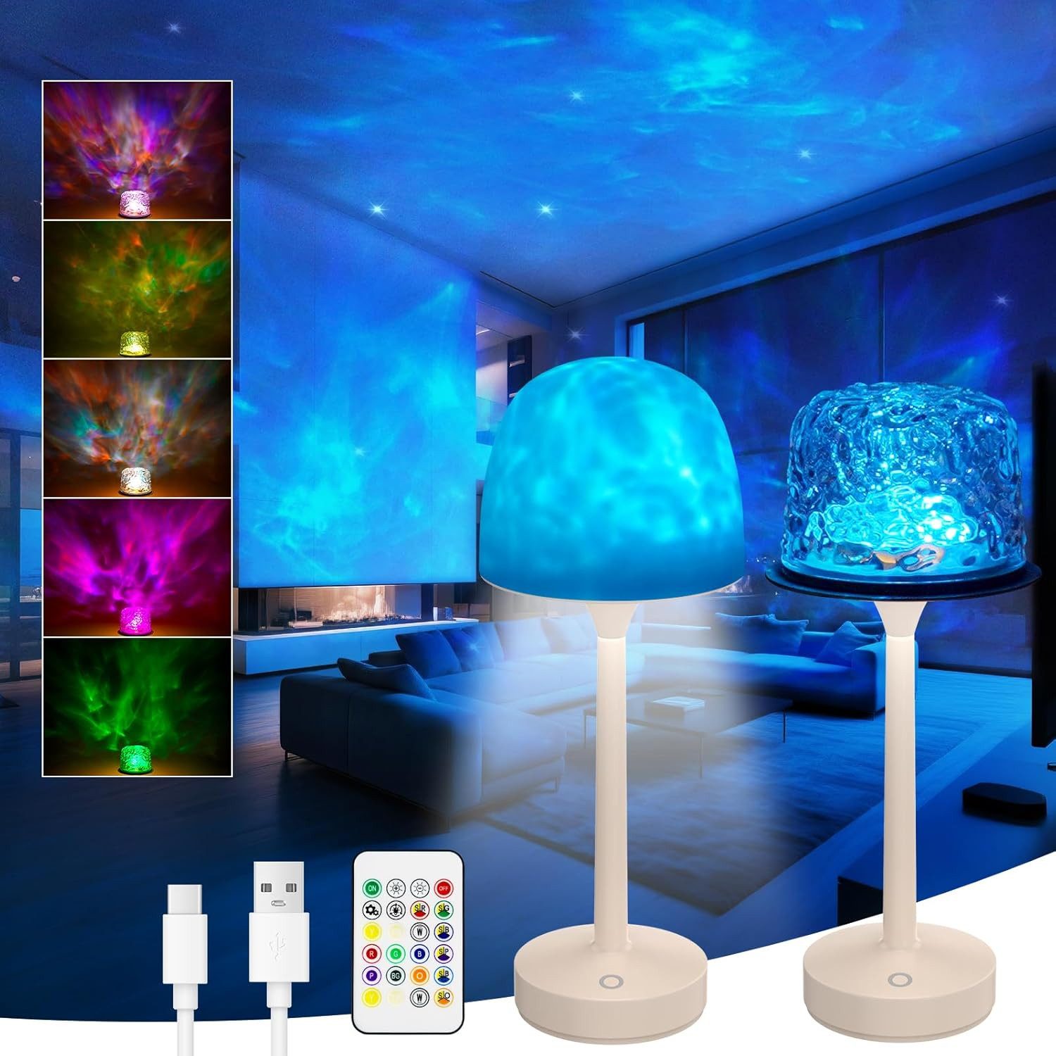 LED Nachttischlampe Tischleuchte, RGB Projektorlampe, Aurora Lampe, USB-Aufladung