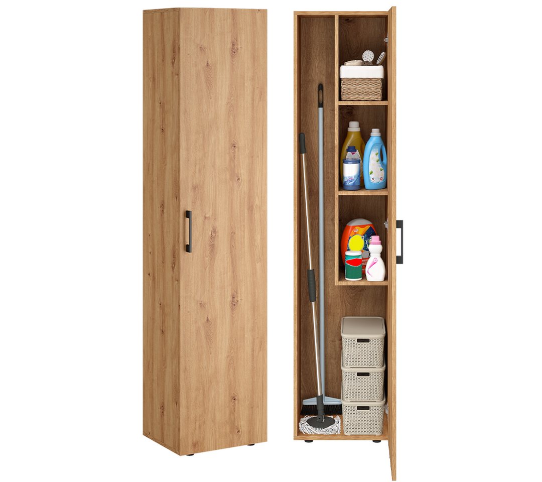 Bellamio Mehrzweckschrank Apol, Hochschrank aus Holz, Aufbewahrungsschrank (Eichenoptik) Besenschrank mit 3 Fächern, inkl. Staubsaugerfach, robust & kratzfest