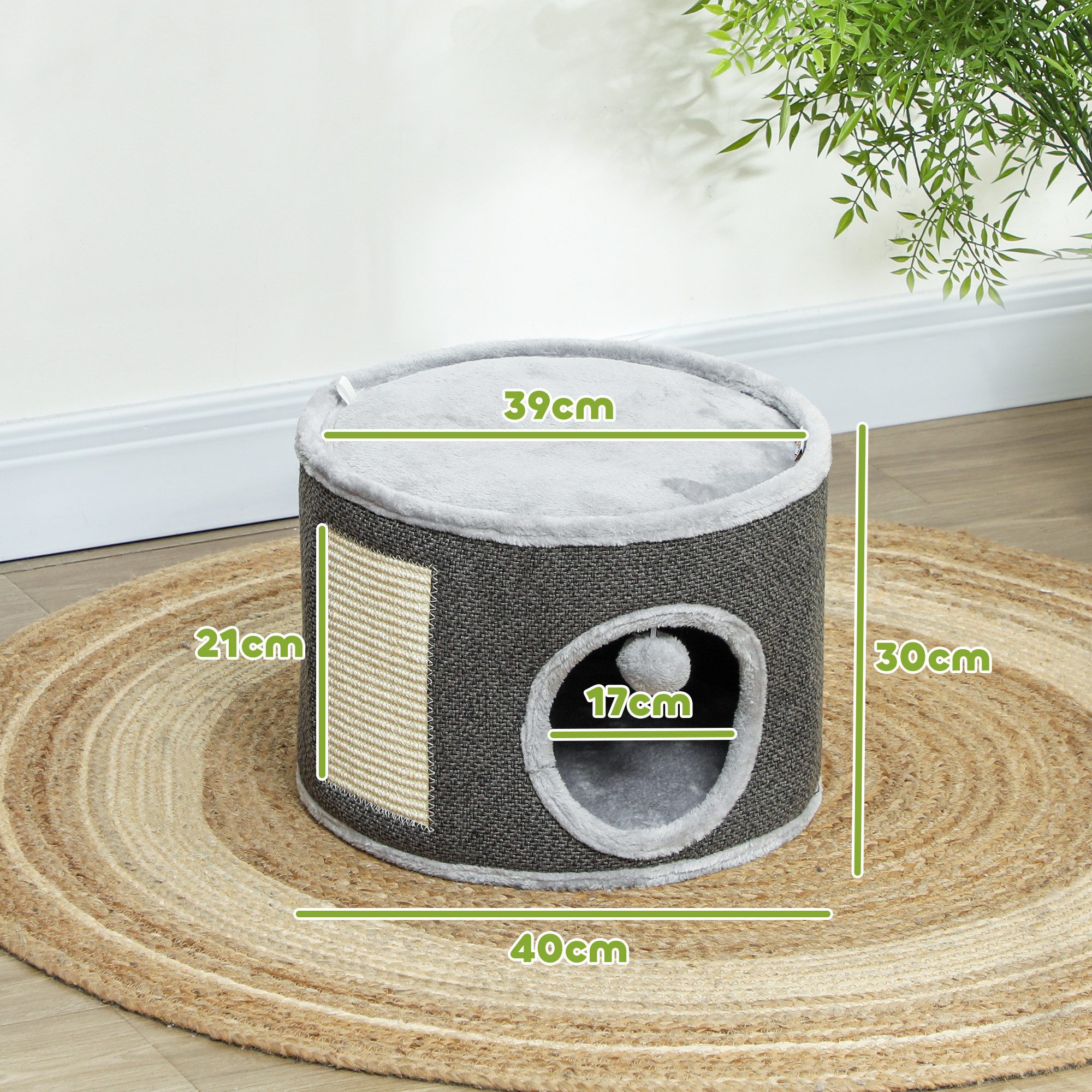 PawHut Kratztonne 30 cm hoch, mit Höhle, aus Sisal, (Katzentonne, 1-tlg., Katzenbaum), für Katze bis 5 kg, Dunkelgrau