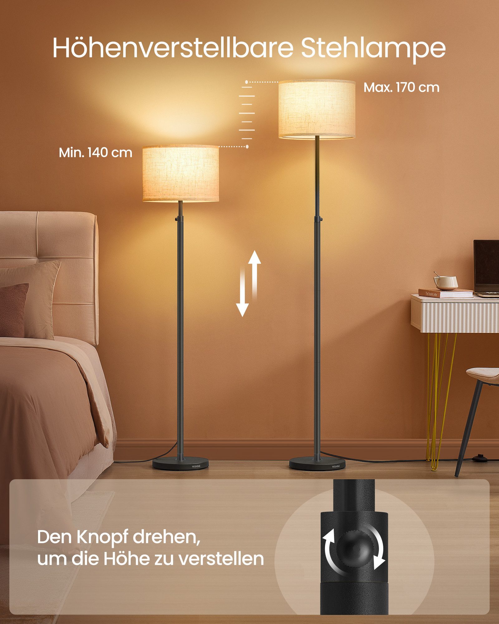 VASAGLE Stehlampe höhenverstellbare Leselampe, 140-170 cm hoch, mit 3 Lichtfarben, Fußtaster, Lampenschirm aus Stoff