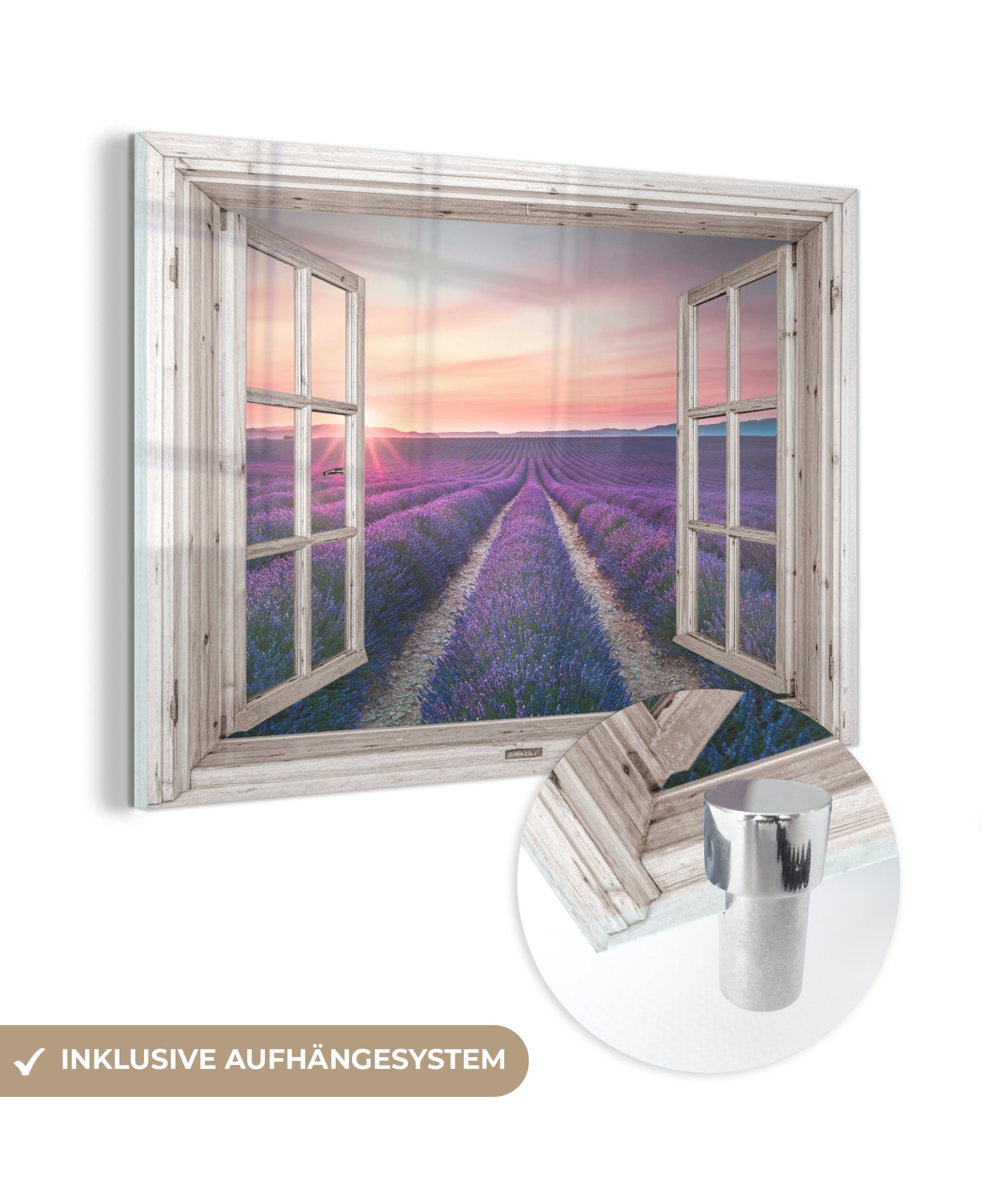 MuchoWow Acrylglasbild Durchsichtig - Lavendel - Blumen - Holz - Sonnenuntergang - Lila, (1 St), Glasbilder - Bilder auf Glas Wandbild - Foto auf Glas - Wanddekoration bunt | Bilder
