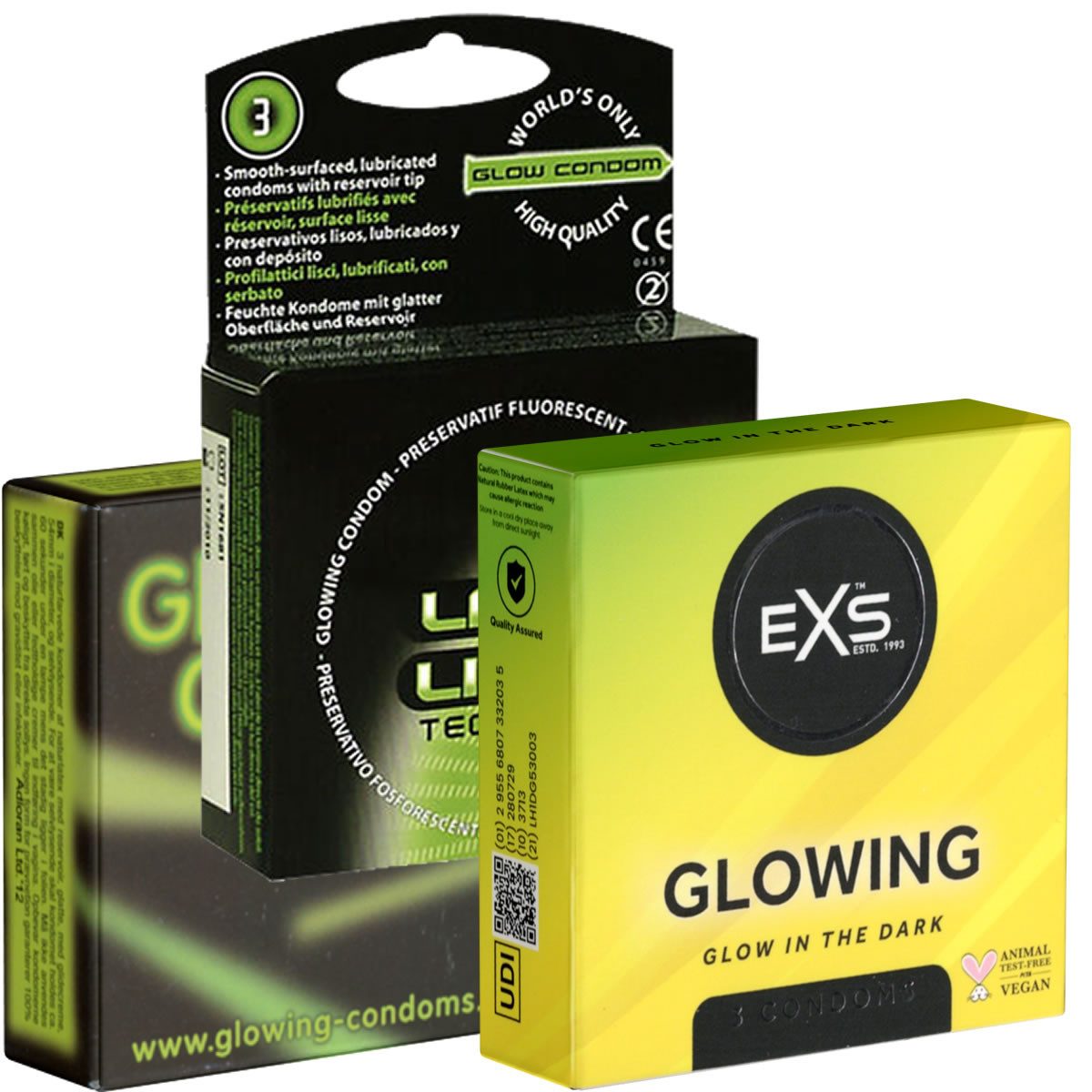 Kondomotheke Kondome Glow Mix (Nr. 2) 3 Packungen leuchtende Kondome, insgesamt, 9 St., fluoreszierende Kondome, Probierset, Leuchtkondome für mehr Fun im Dunkeln