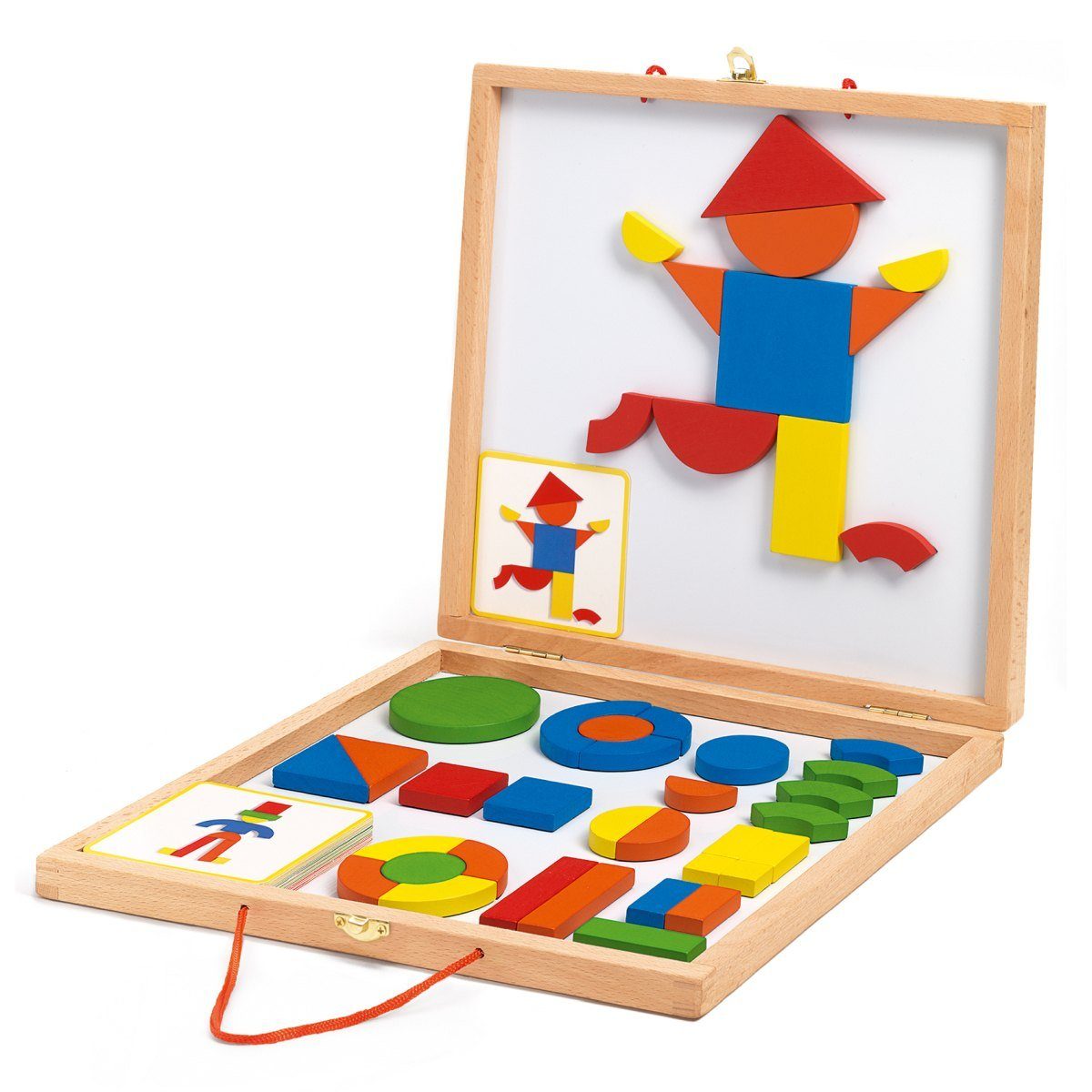DJECO Geoform Kunterbunte Magnete im Holzkoffer DJ03130 Magnetspielbausteine
