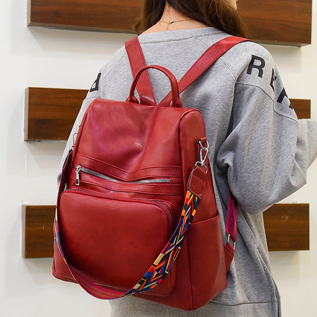 Cityrucksack Umhängetasche, Damen HNDSG Patent große Leder Reisen Rucksack Rot Kapazität