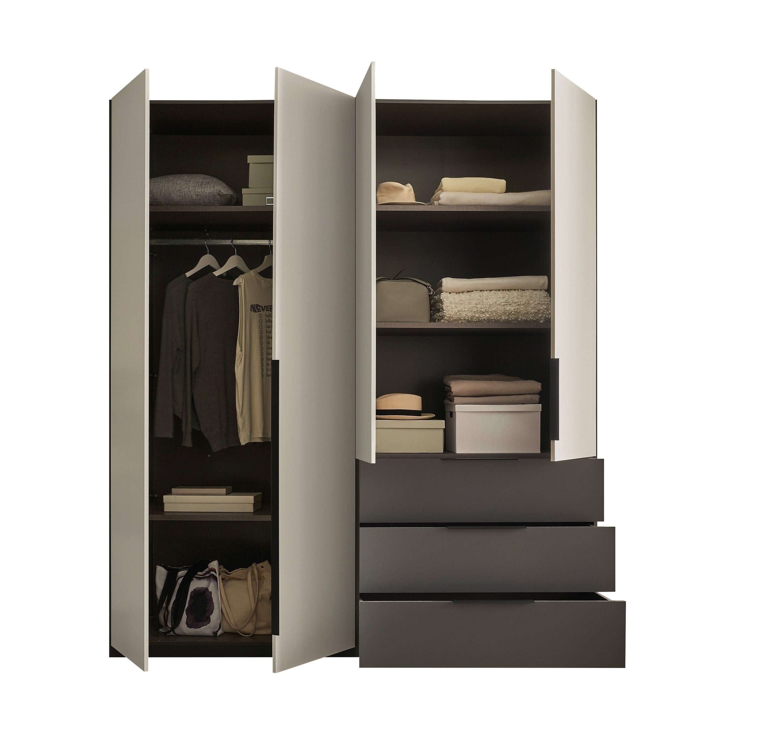 Schlafkontor Drehtürenschrank 4 Böden, 1 Stange, 3 Schübe, Graphit/Hellgrau - 200,5x225,5x60 (BxHxT)