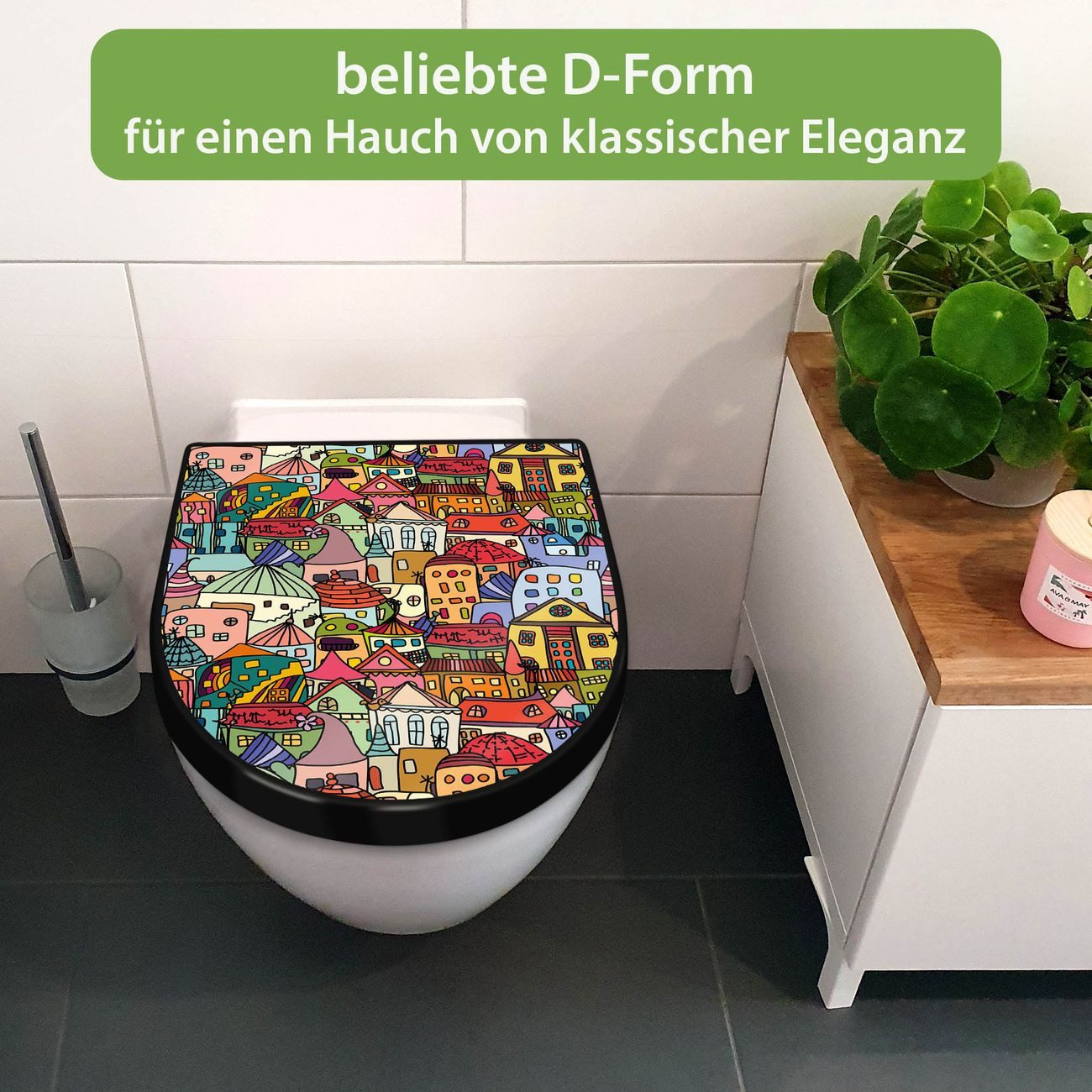 banjado WC-Sitz Premium D-Form mit Absenkautomatik Motiv Funky Town (umweltfreundliches Material, Softclose Absenkautomatik), 45 x 36,4 x 4