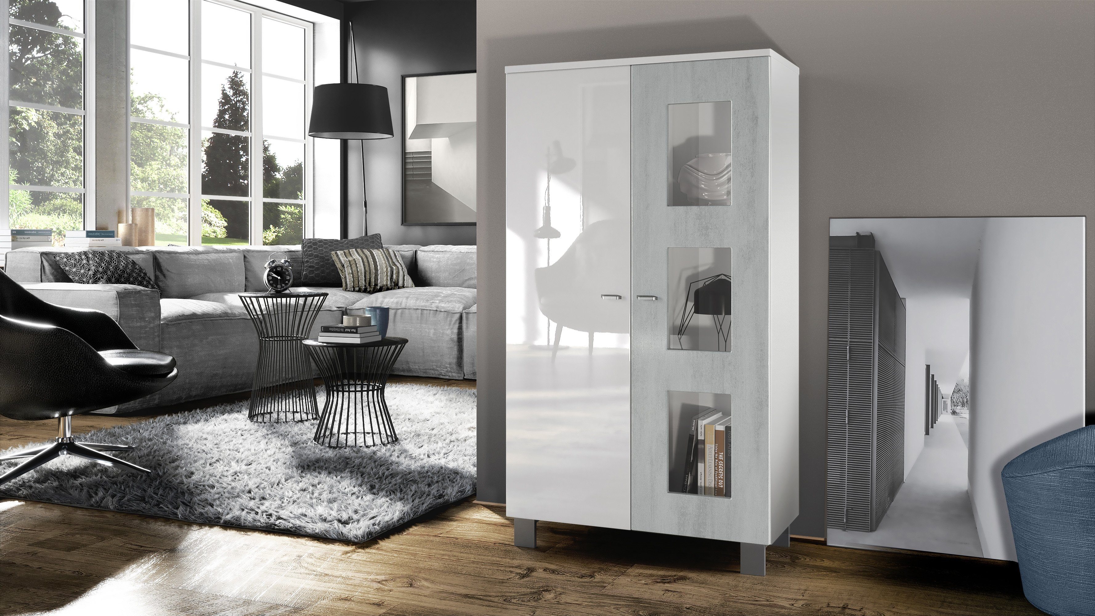Vladon Standvitrine Denjo (Standvitrine, mit 2 Türen und 3 Glaseinsätzen) Weiß matt/ Weiß Hochglanz/ Beton Oxid Optik (71 x 129 x 35 cm)