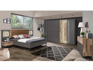Moebel-Eins Komplettschlafzimmer, SESTRA Komplett-Schlafzimmer, Material Dekorspanplatte, stabeichefarbig/grau