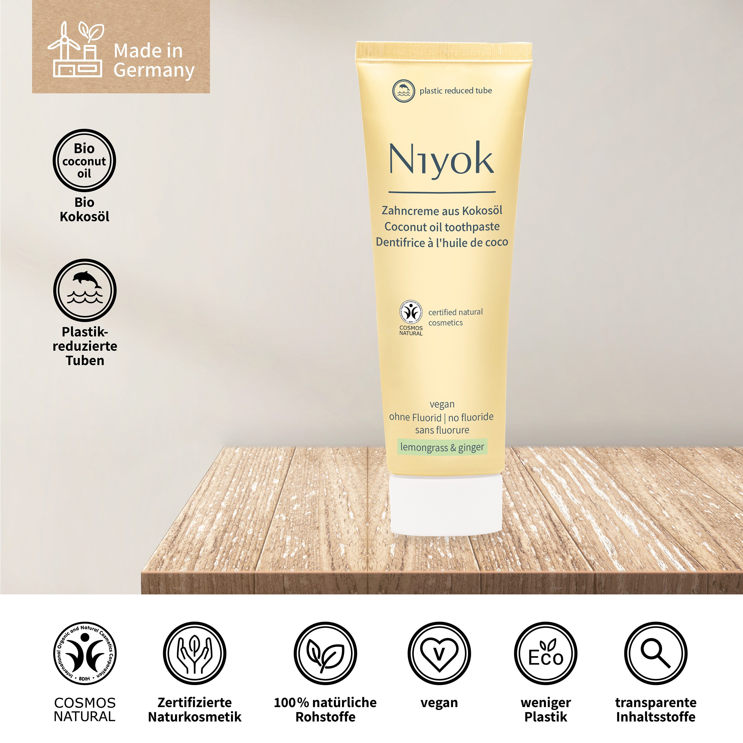 Niyok Zahnpasta aus Bio Kokosöl Ohne Fluorid & Vegan für Intensive Pflege & Frische, Zitronengras & Ingwer (lemongrass & ginger)