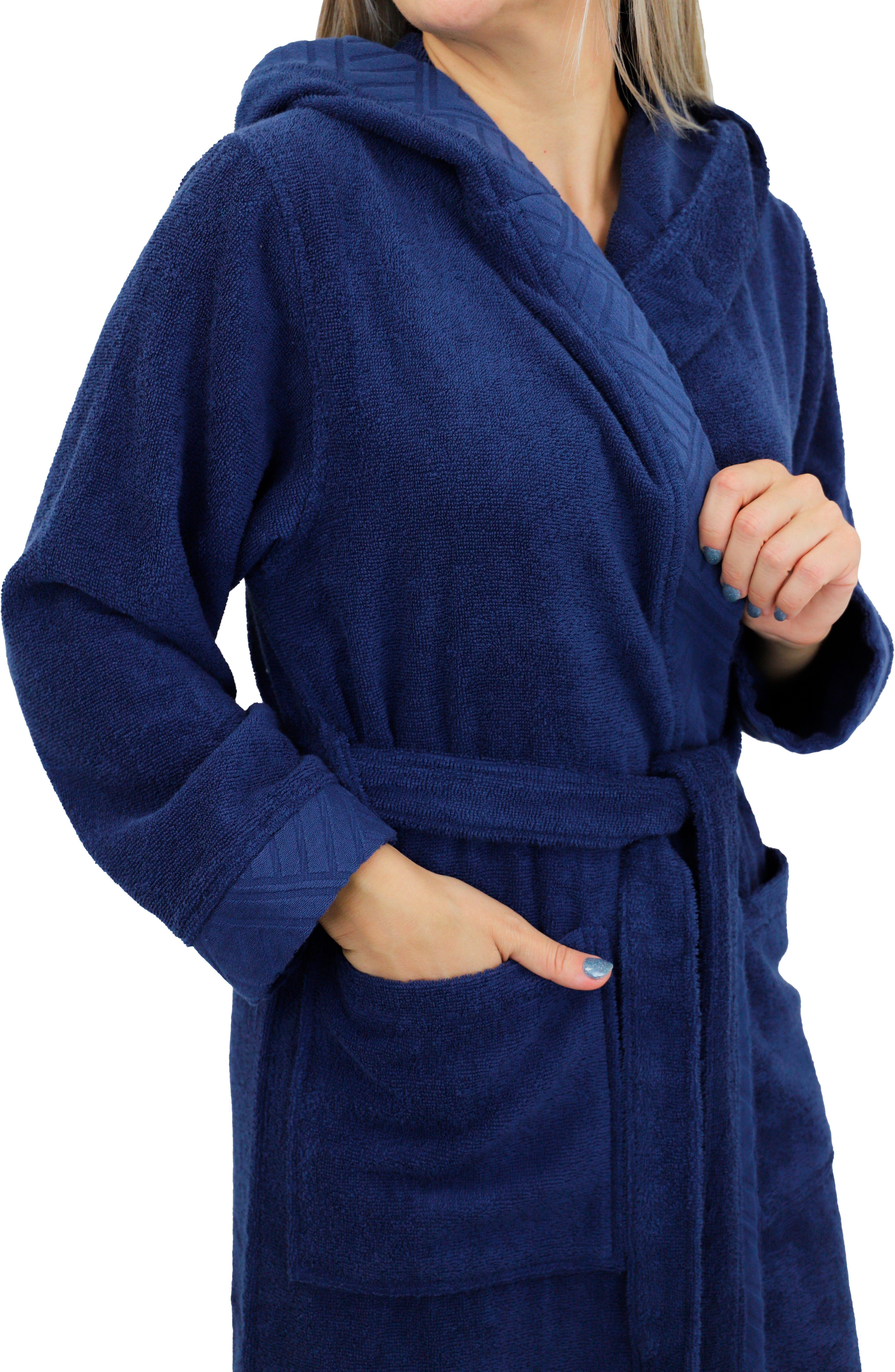 OTTO home Damenbademantel Livia, ideal für Sauna & Spa, Hotelbademantel, Langform, Walkfrottee, Kapuze, Gürtel, gemusterter Bordüre, langer Bademantel Damen, 100% Baumwolle, XS-2XL