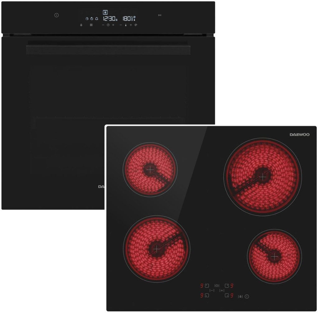 Daewoo Elektro-Herd-Set 73 L Hydrolyse SoftClosing + Kochfeld 60 cm Glaskeramik Touch Schwarz, mit Nachrüstbar, Hydrolyse