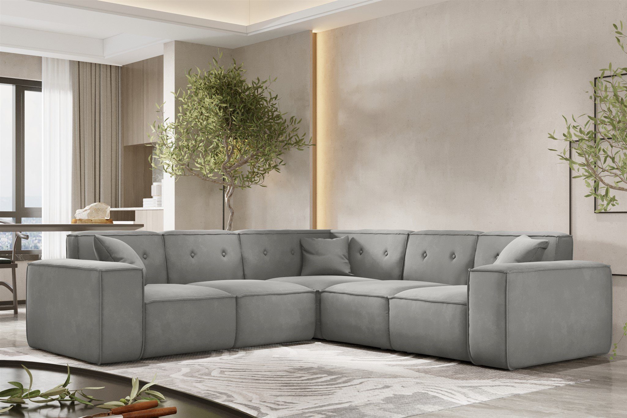 Zierkissen, Fun Ecksofa CESINA inkl. 3 Möbel Designersofa Universal, Rundumbezug Seite in Stoff