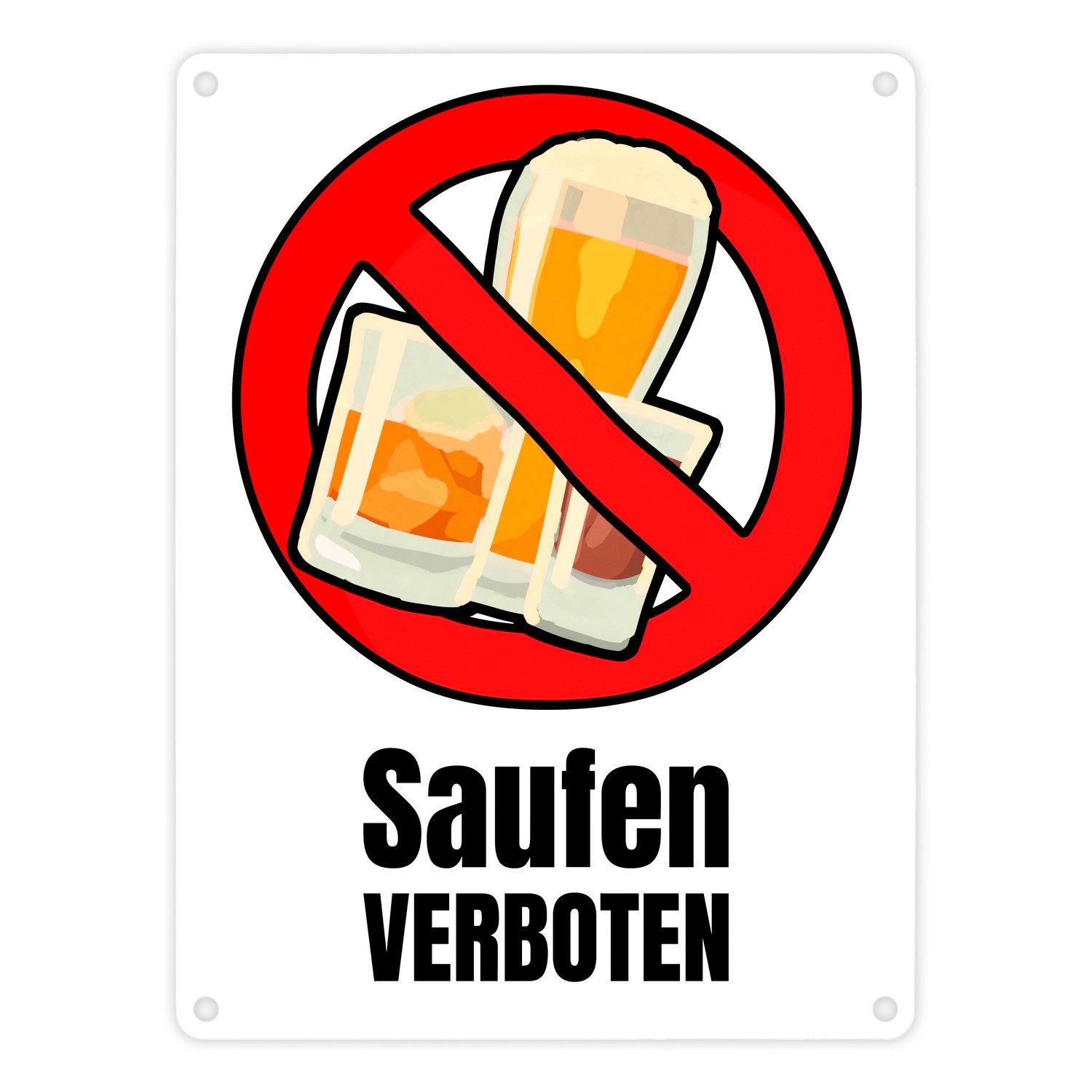 Metallschild Saufen verboten Verbotsschild im Comic-Stil in weiß