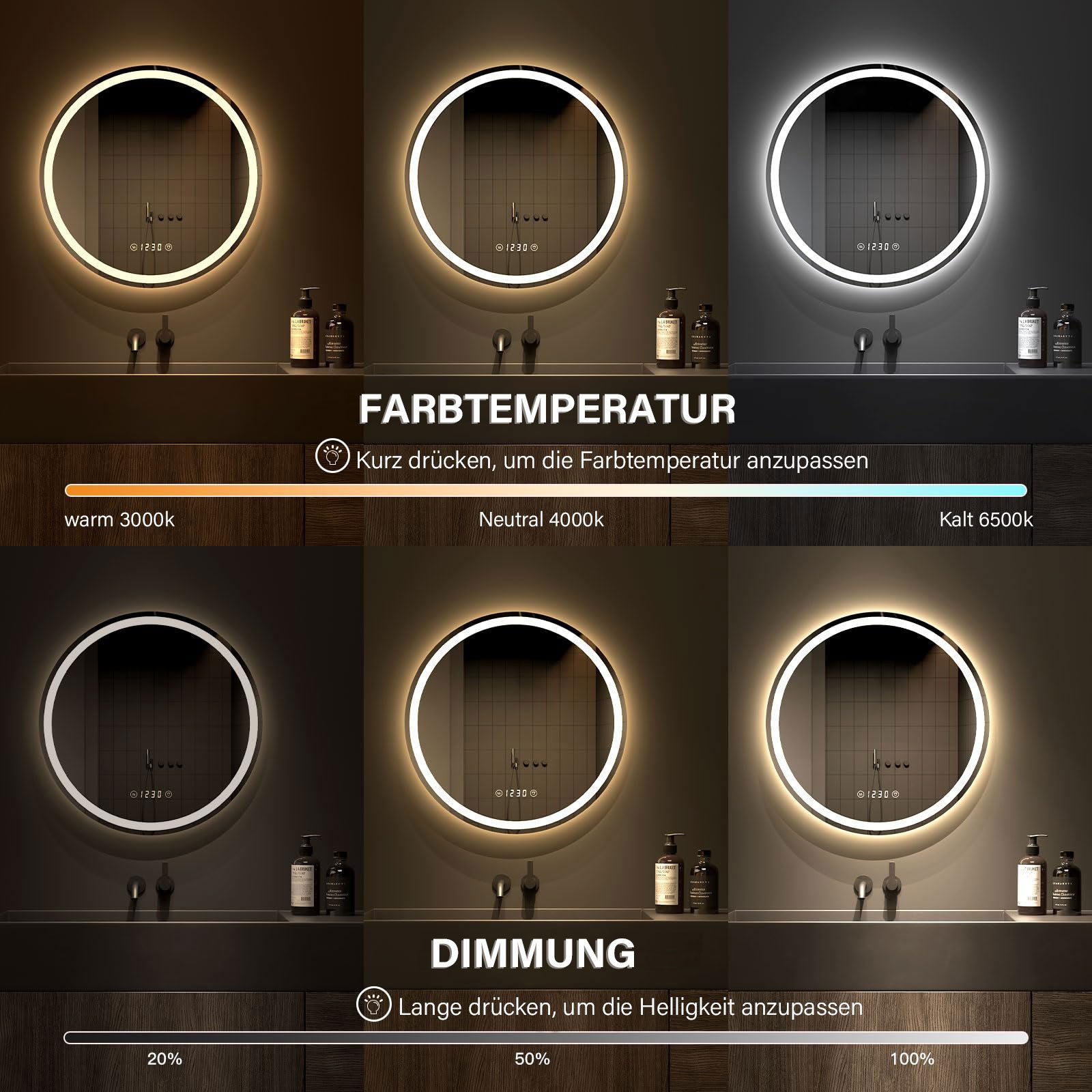 Dripex Badspiegel Rund Badezimmerspiegel LED mit UHR / Bluetooth-Lautsprecher, Dimmbar, 3 Lichtfarbe Einstellbar, Beschlagfrei