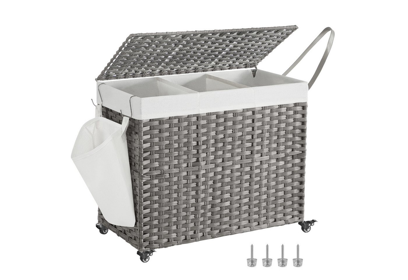 SONGMICS Wäschekorb mit Deckel, Wäschesammler 3 Fächer, Wäschesortierer mit Rollen, 160 L, Wäschesack herausnehmbar, für Waschküche, 76 x 33 x 66 cm