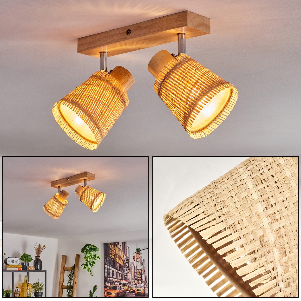 hofstein Deckenleuchte moderne Deckenlampe aus Holz/Metall/Bast günstig online kaufen