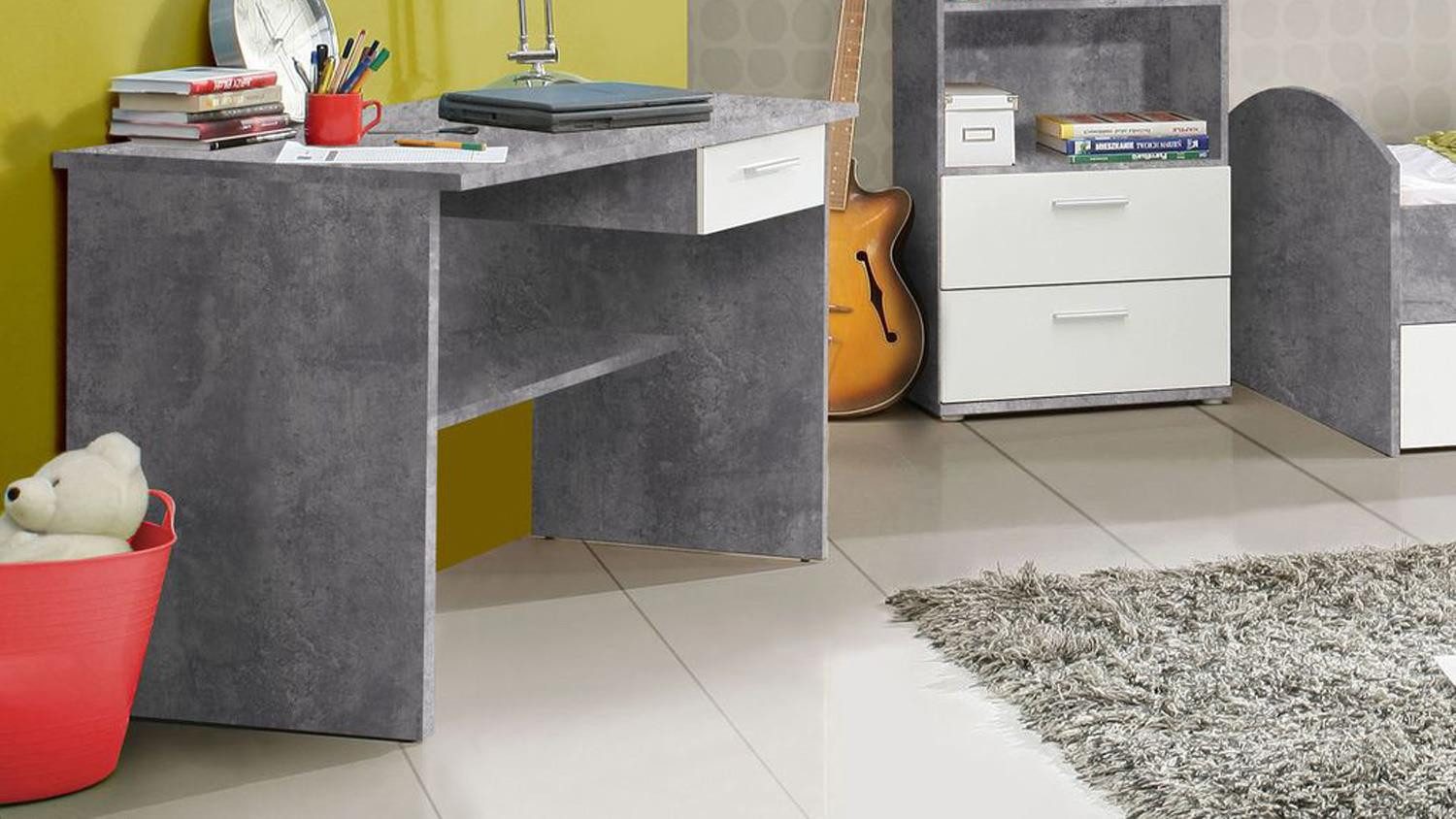 Forte Jugendzimmer-Set Jugendzimmer Lupo Schrank Bett Regal Schreibtisch Beton grau und weiß, (5-tlg)