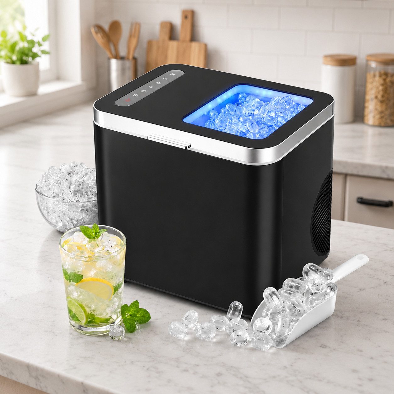 Nettlife Eiswürfelmaschine 12 kg/24h mit leistungsstarkem Kompressor kompakte Tisch, Eismaschine selbstreinigend UV-Desinfektion schnell für Zuhause/Party