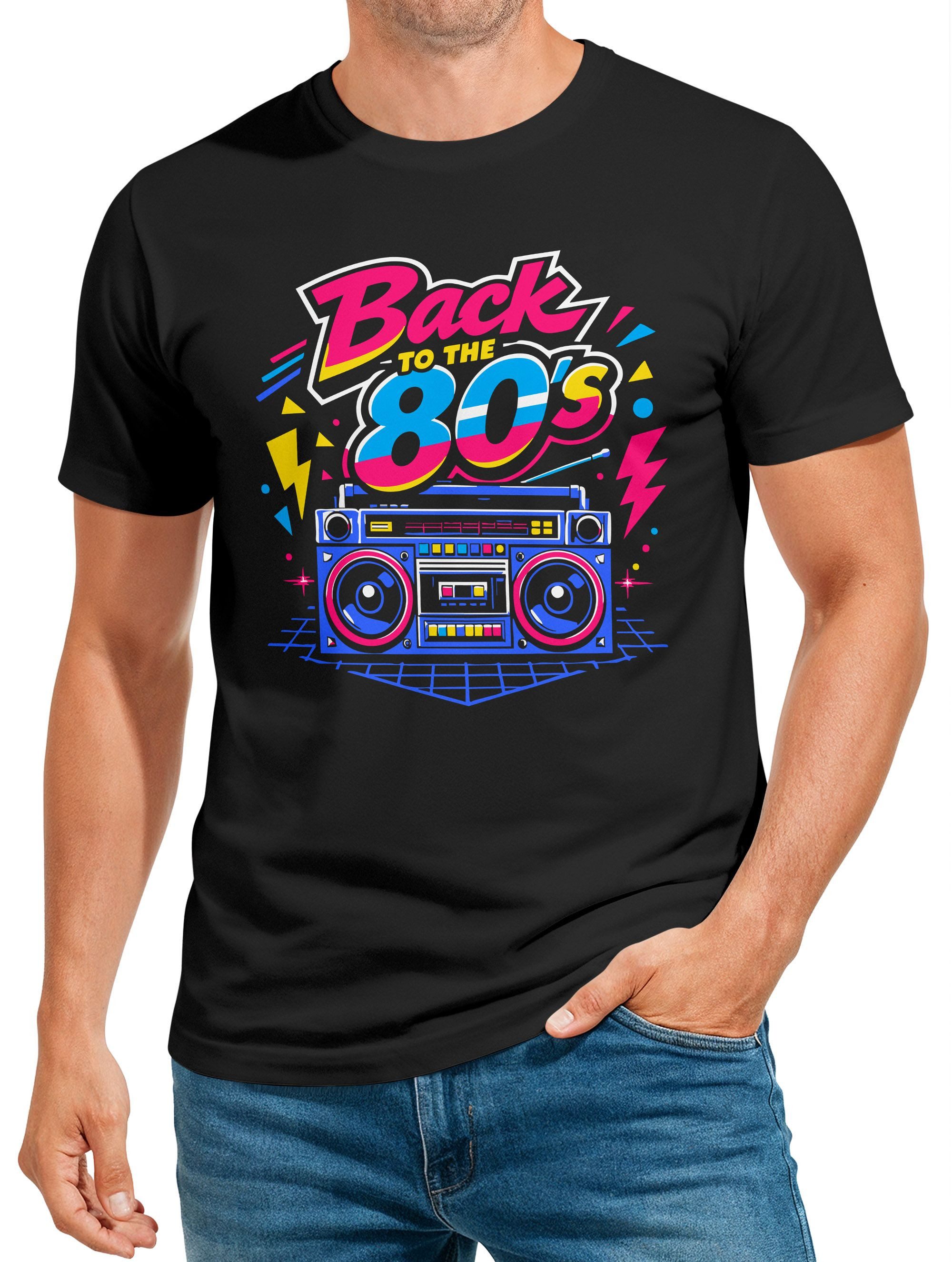MoonWorks Print-Shirt Herren T-Shirt Back to 80s Spruch Fasching Karneval Kostüm-Ersatz mit Print