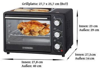 STEINBORG Minibackofen SB-3001, 20 Liter, Umluft, 3 in 1 Funktion, Grillplatte, großes Sichtfenster, 1300 Watt