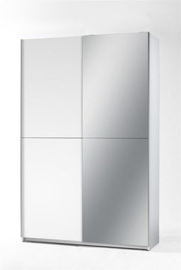 möbelando Kleiderschrank Fred Eleganter Kleiderschrank / Garderobenschrank mit Spiegeltür & viel Stauraum - Vielseitiger Schwebetürenschrank in Weiß - 125 x 195 x 38 cm (B/H/T)