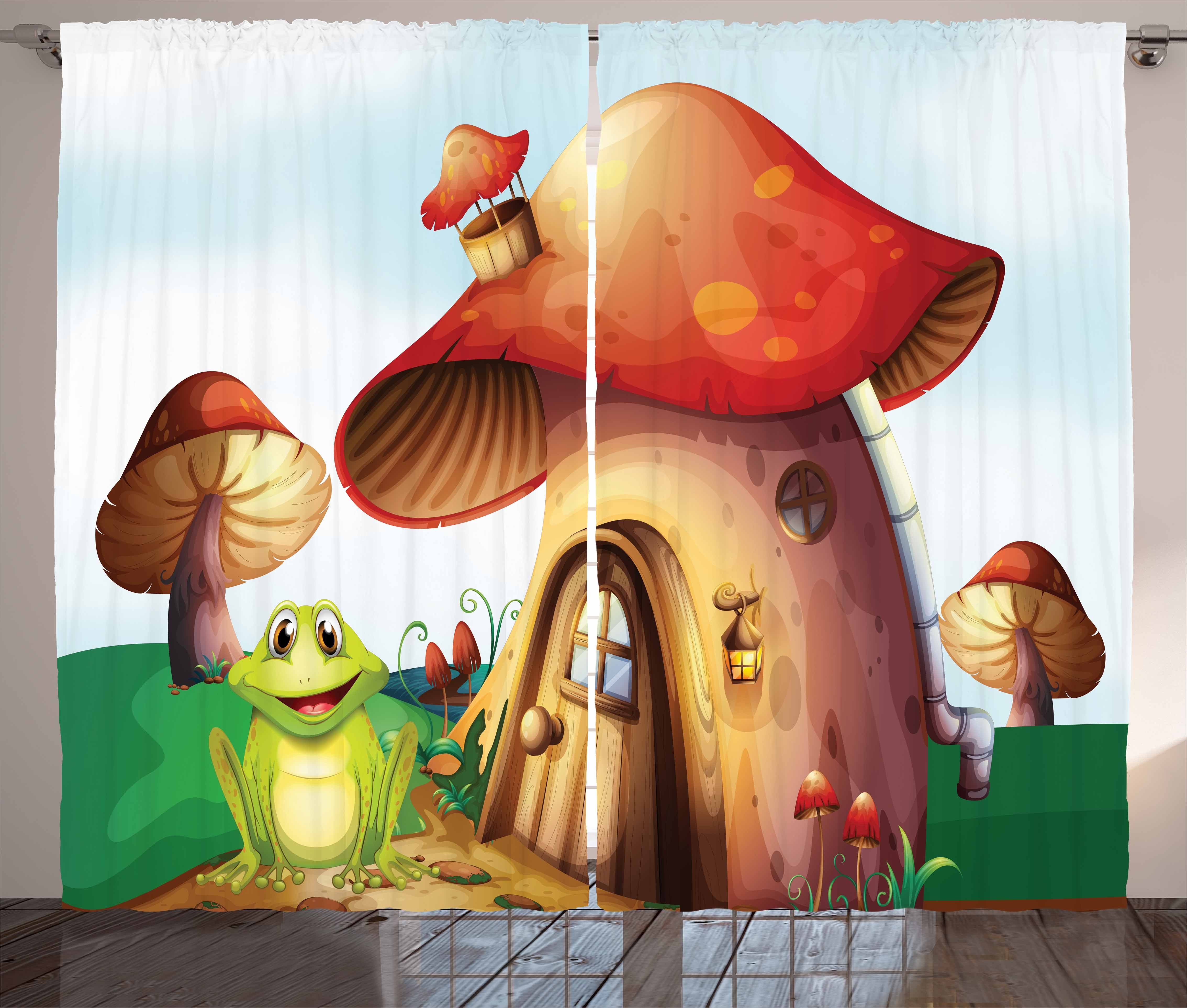 Gardine Schlafzimmer Kräuselband Vorhang mit Schlaufen und Haken, Abakuhaus, Wald Cartoon Mushroom Häuser