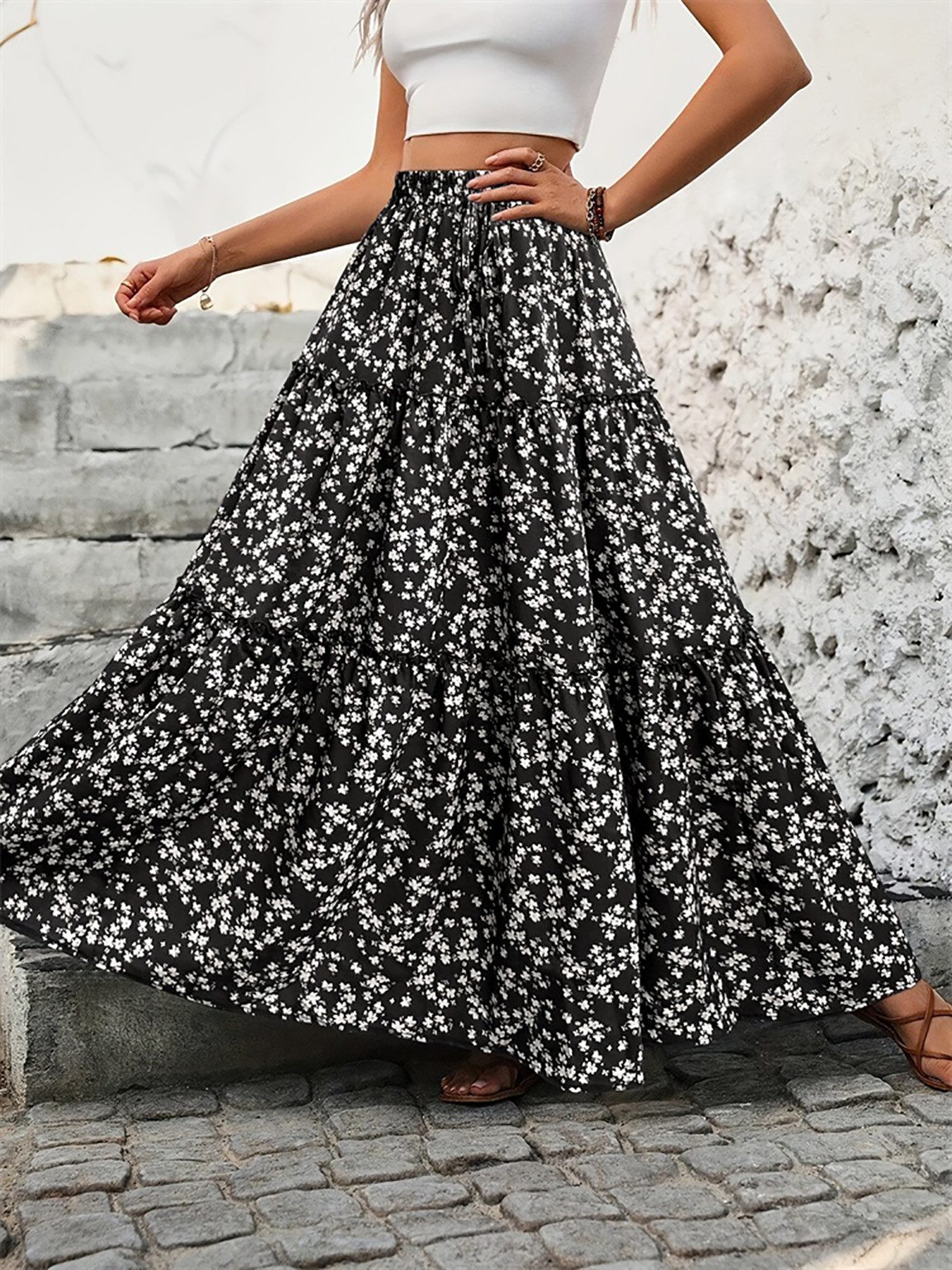 DEBAIJIA Midirock Damen Maxirock Sommer Floral Gedruckt Elegant Lange Röcke günstig online kaufen