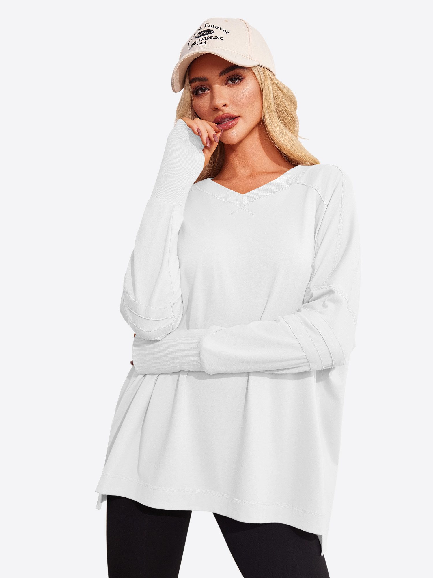 Langarmshirt Damen Oversize mit V-Ausschnitt Raglanärmeln und Daumenlöchern