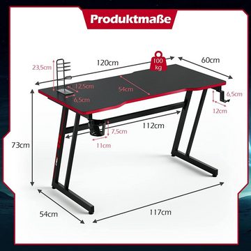 COSTWAY Gamingtisch 120cm, Z-förmig, mit Getränkehalter, Gamepad-Halterung