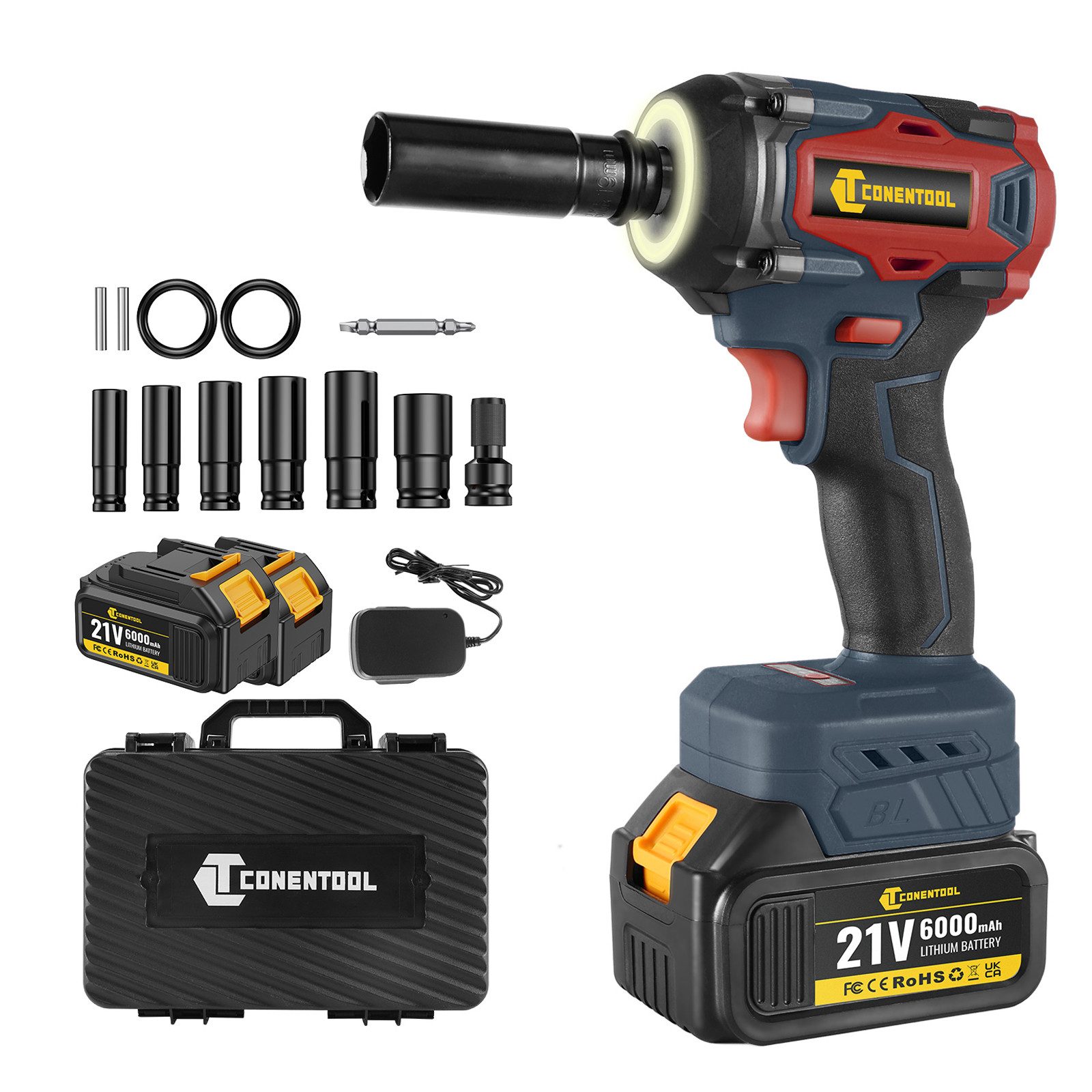 CONENTOOL Akku-Schlagschrauber 1/2 Zoll Bürstenloser, 4600,00 U/min, 520,00 Nm, (Set, 12-tlg), 6 Stecknüssen & Schnellladegerät