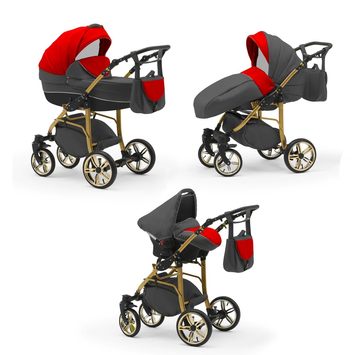 babies-on-wheels Kombi-Kinderwagen 3 in 1 Kinderwagen-Set Cosmo ECO Gold - 16 Teile - in 46 Farben Rot-Grau-Schwarz