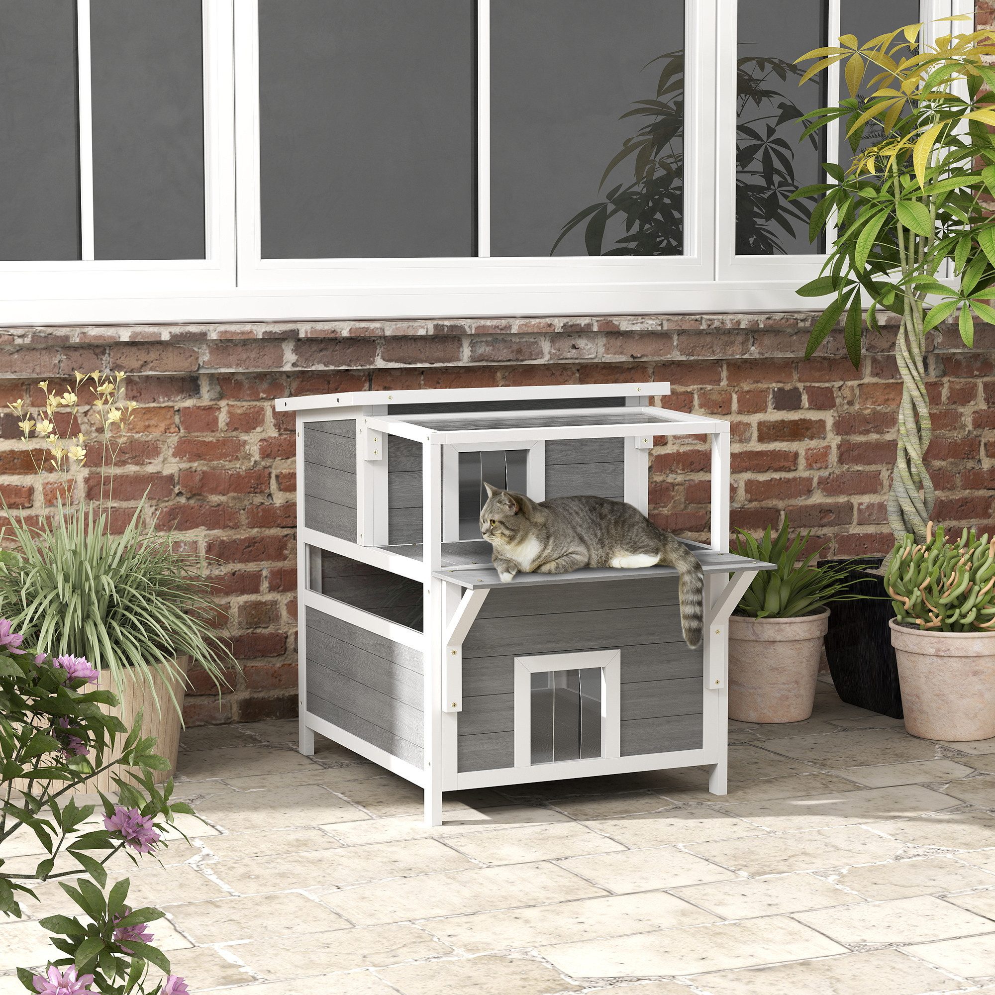 PawHut Tierhöhle Katzenhaus aus Holz 2-Etagen Katzenhöhle, für Katzen bis 5 kg, Outdoor, 64 x 87 x 76 cm, Hellgrau