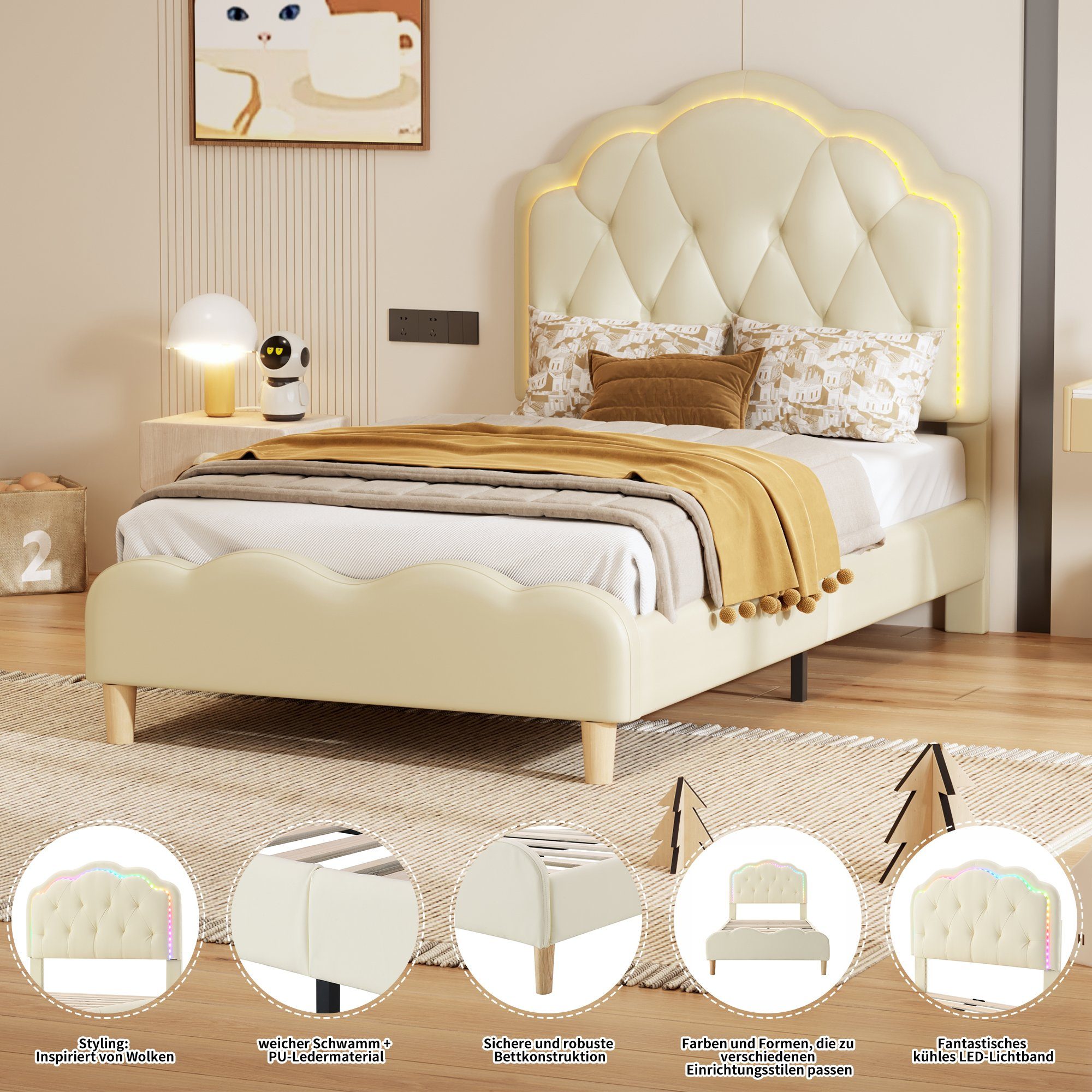 Flieks Polsterbett, LED Beleuchtung Kinderbett Einzelbett mit Wellenform Kopfteil 90x200cm
