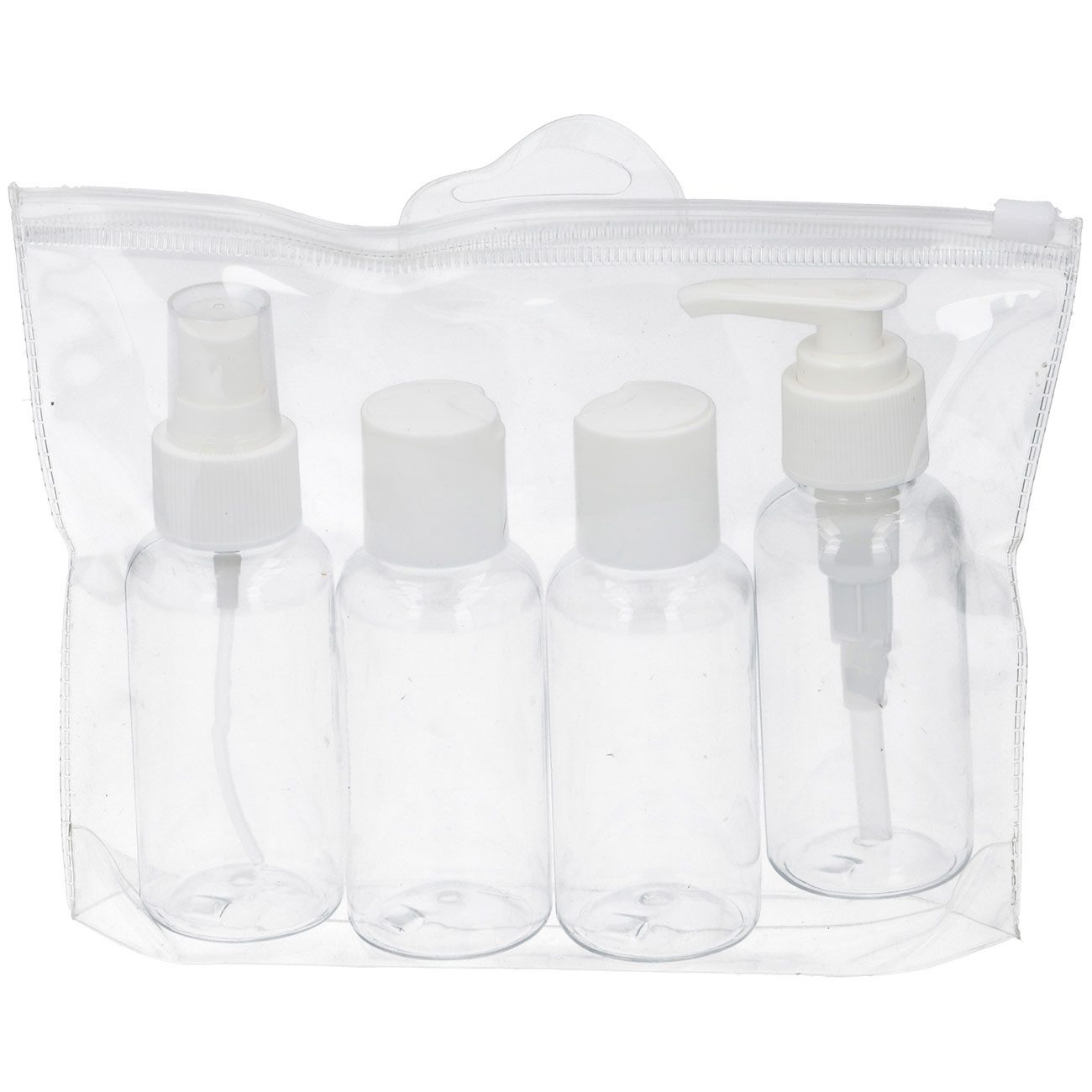 Dunlop Reisebehälter Reiseflaschen-Set Handgepäck 4-tlg. 75ml Flaschen mit Beutel Kosmetik (8 St., 1er-Set & 2er-Set), 4-tlg. Reiseflaschen-Set in klarer Tasche für Flug & Handgepäck