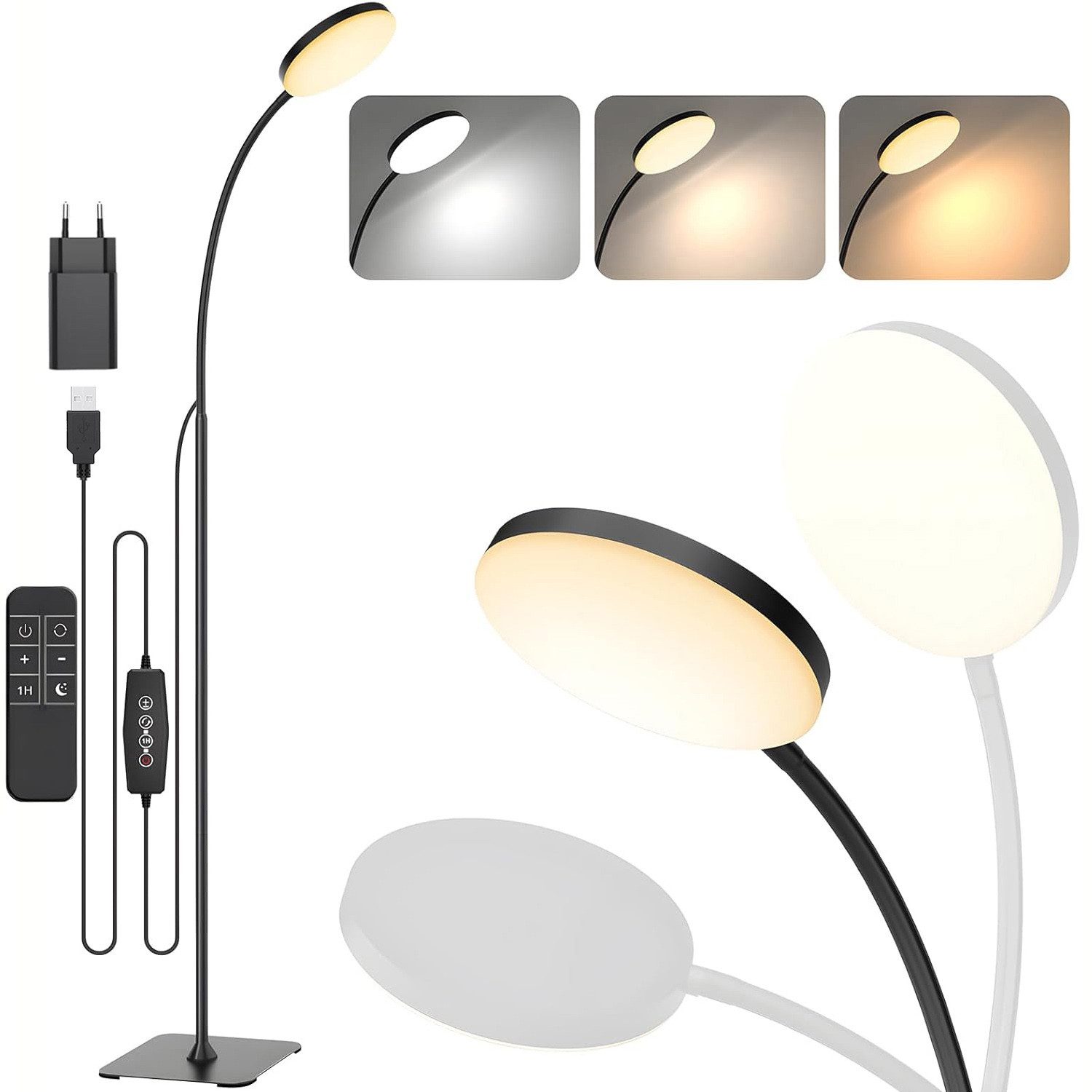 Rosnek LED Stehlampe mit Fernbedienung,Höhenverstellbare, Dimmbar, LED fest integriert, 3 Farben & 10 Helligkeiten, Schwanenhals, für Lesen, Make-up
