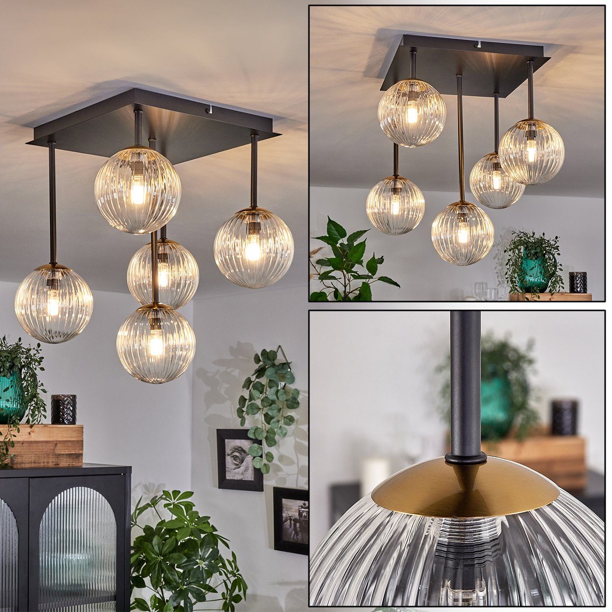 Leuchte 5 LED, hofstein aus ohne Metall/Glas in ohne Riffel-Optik, aus Glas, Deckenleuchte x G9 in im Leuchtmittel, Schwarz/Goldfarben/Klar Retro-Design Deckenlampe Leuchtmittel