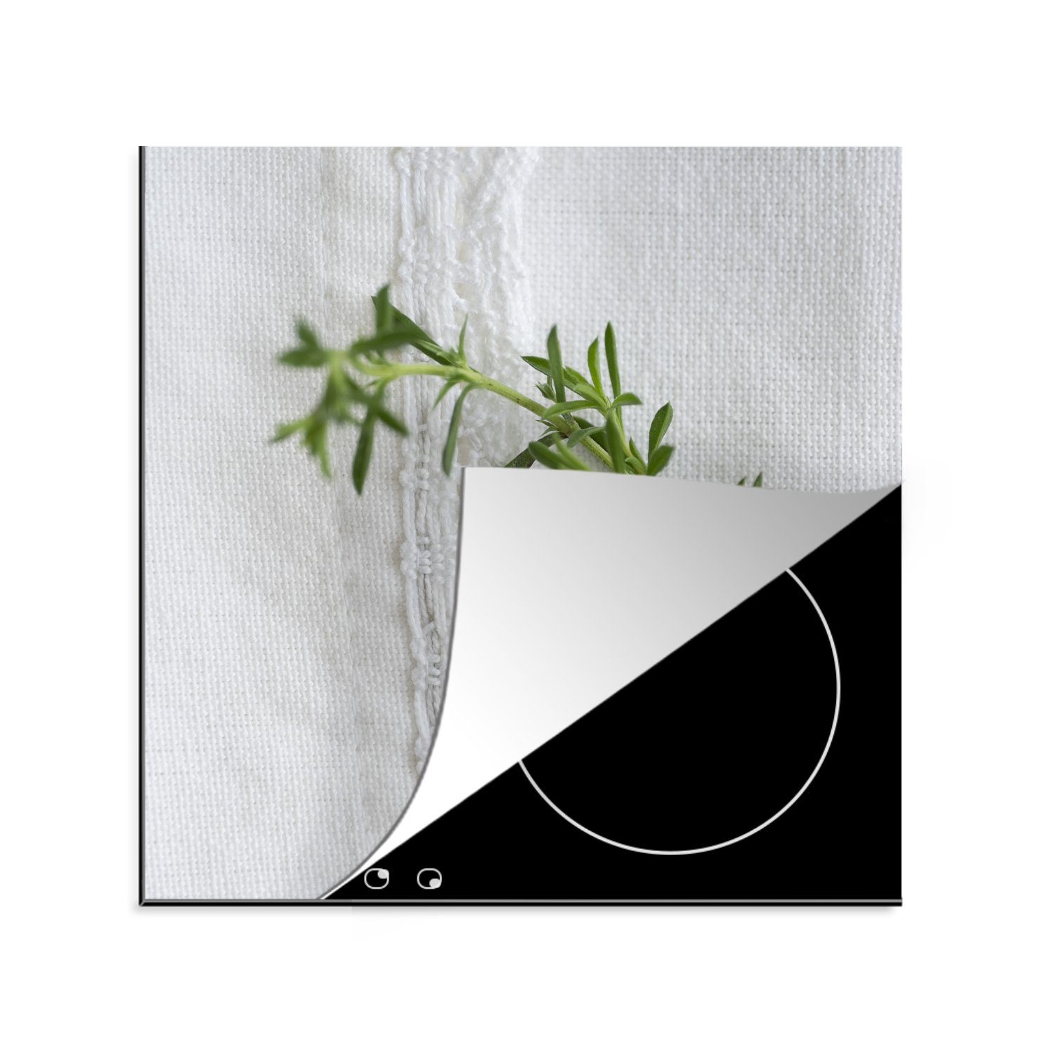 MuchoWow Herdblende-/Abdeckplatte Bohnenkrautzweig auf einem weißen Teppich, Vinyl, (1 tlg), 78x78 cm, Ceranfeldabdeckung, Arbeitsplatte für küche