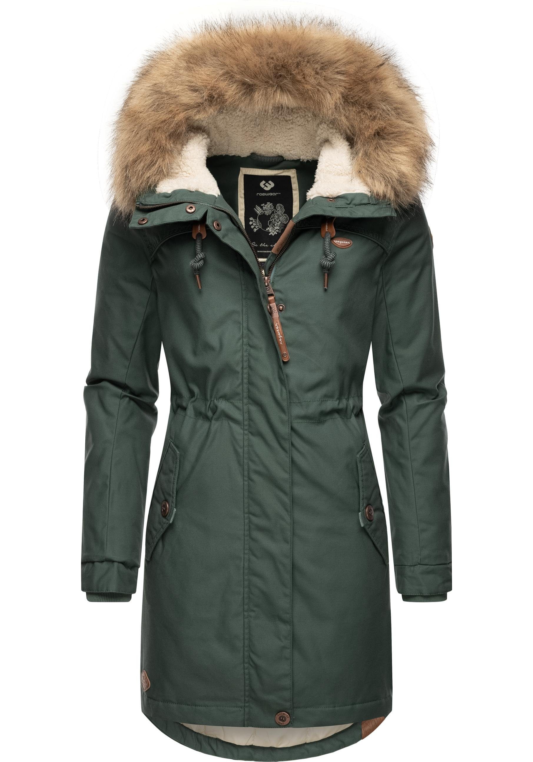 Kunstfellkragen Tawny Kapuze großer mit tannengrün stylischer und Winterjacke Ragwear Winterparka