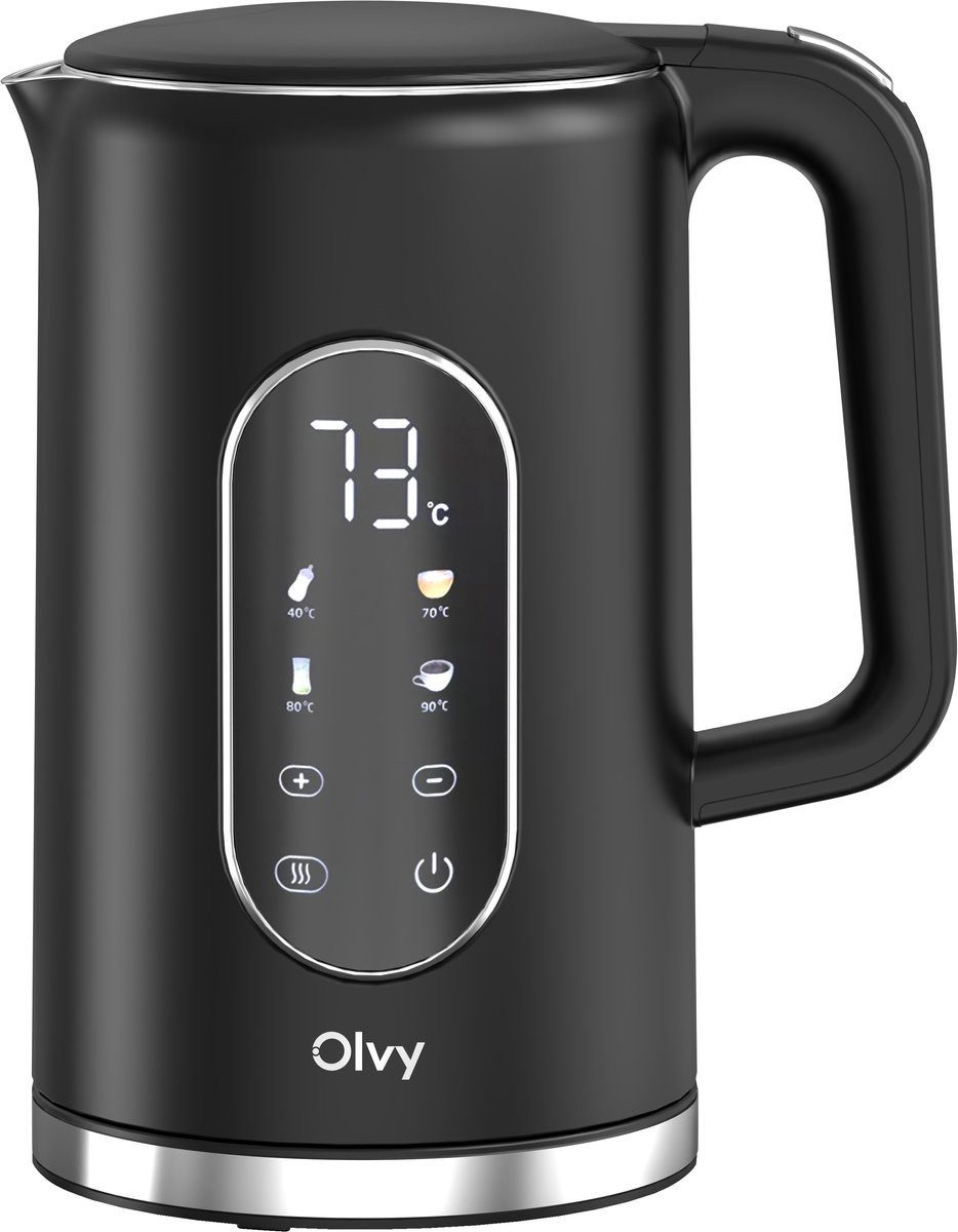 Olvy Wasserkocher aus Edelstahl, stufenlos einstellbare Temperatur per Touch-Display, 1,7 l, 2200 W, Cool-Touch-Griff, BPA-frei, Kalkfilter, 2h Warmhaltefunktion, Schwarz