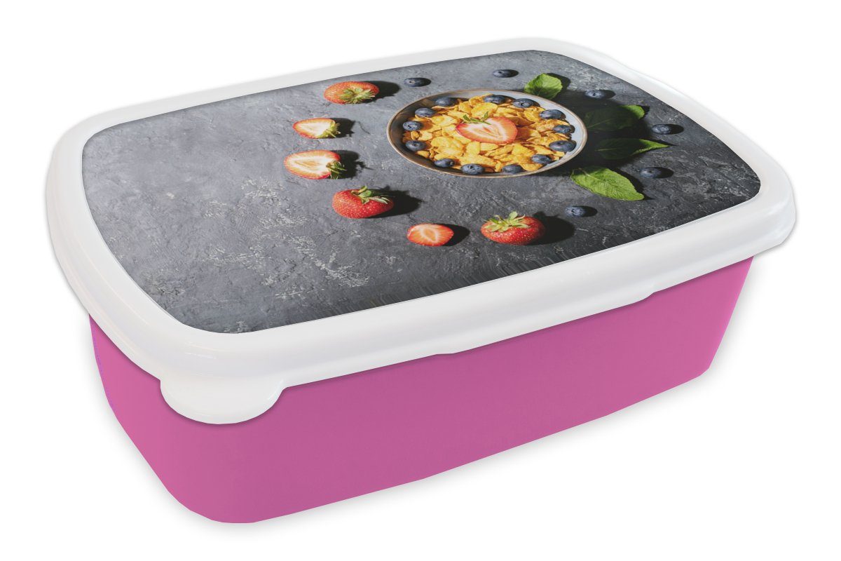 MuchoWow Lunchbox Erdbeere - Cornflakes - Beeren - Kräuter, Kunststoff, (2-tlg), Brotbox für Erwachsene, Brotdose Kinder, Snackbox, Mädchen, Kunststoff rosa