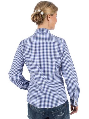 OS-Trachten Trachtenbluse Trachtenbluse CHECKERED Langarm Stick blau