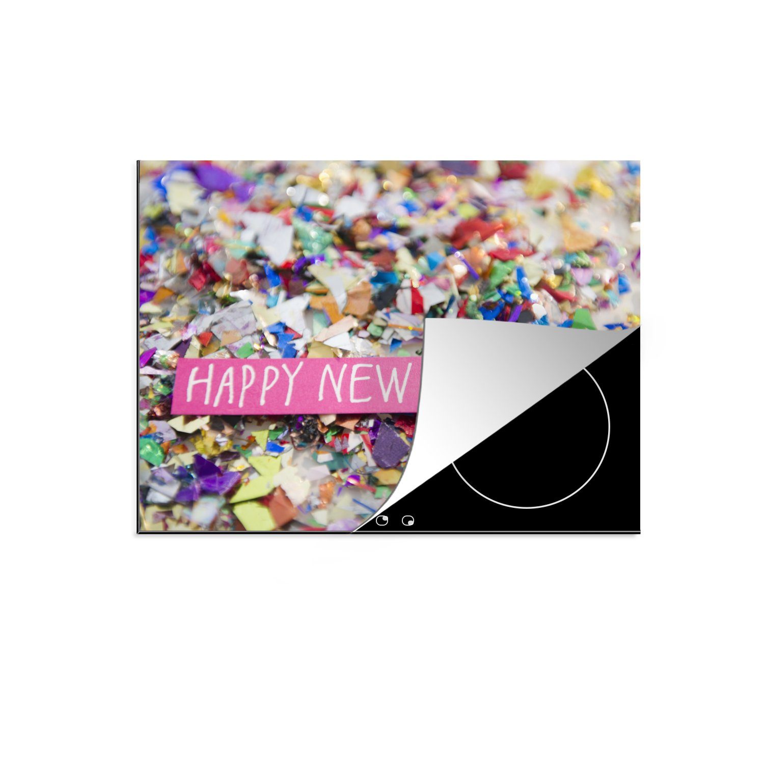 MuchoWow Herdblende-/Abdeckplatte Konfetti mit dem Text Happy New Year, Vinyl, (1 tlg), 71x52 cm, Induktionskochfeld Schutz für die küche, Ceranfeldabdeckung