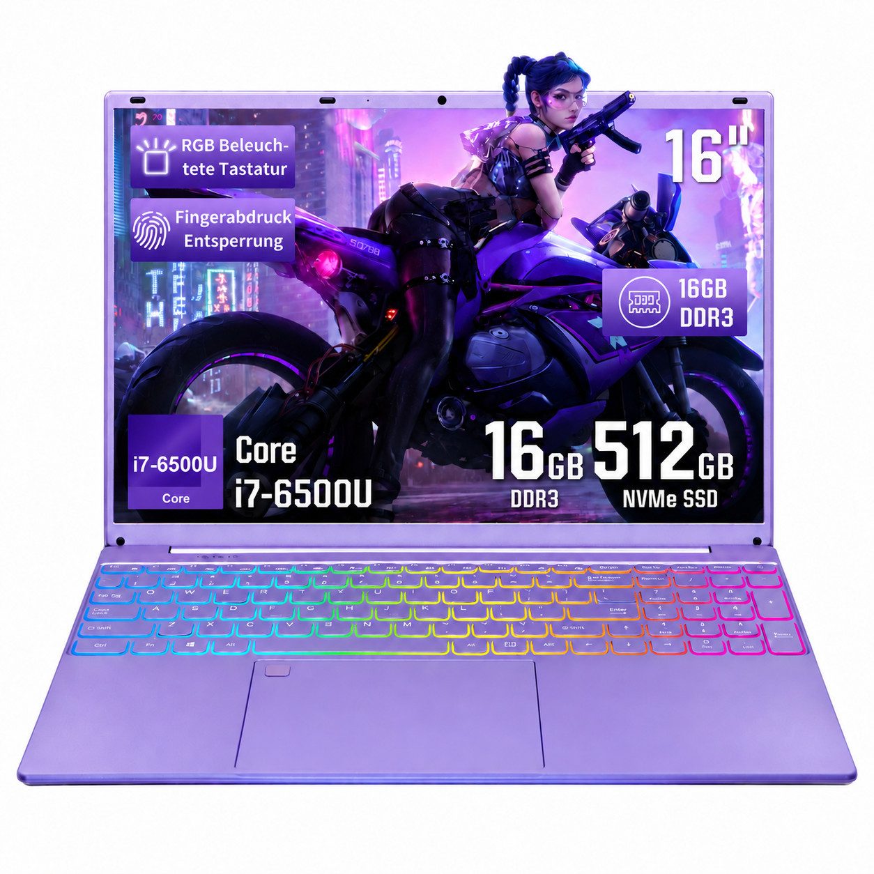 LONGEVINCE 16" Laptop, FHD Display, Core i7 6500U, 180° Scharnierdesign Notebook Notebook (40,64 cm/16 Zoll, Intel Alder Lake-N, Intel UHD Graphics, 12 GB, 512 GB SSD, astatur mit Hintergrundbeleuchtung, Fingerabdruckerkennung, Lila)