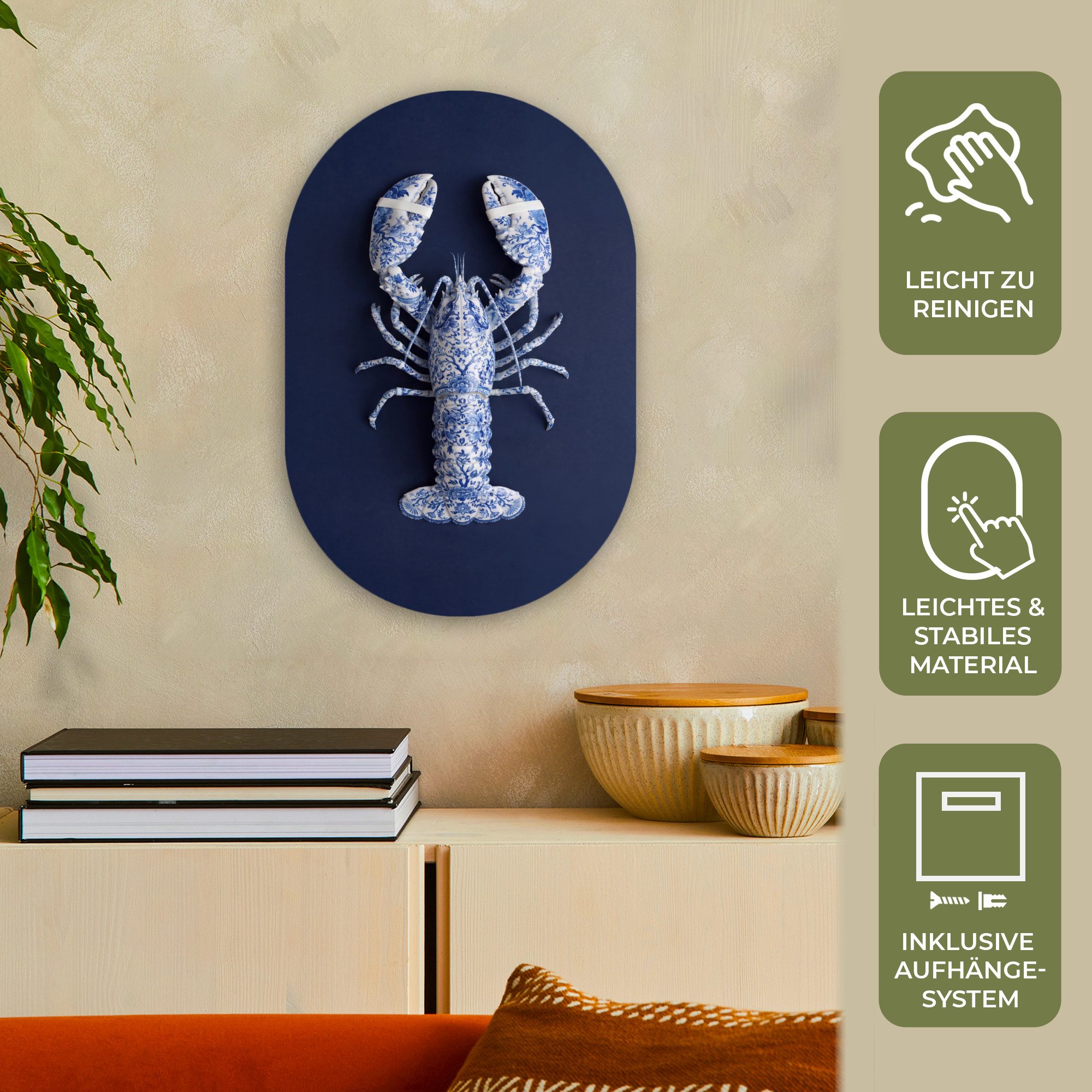 MuchoWow Gemälde Hummer - Porzellan - Delfter Blau, Fotodruck (1 St), Wandbild Oval, Wohnzimmer oder Schlafzimmer Wanddekoration, 40x60 cm